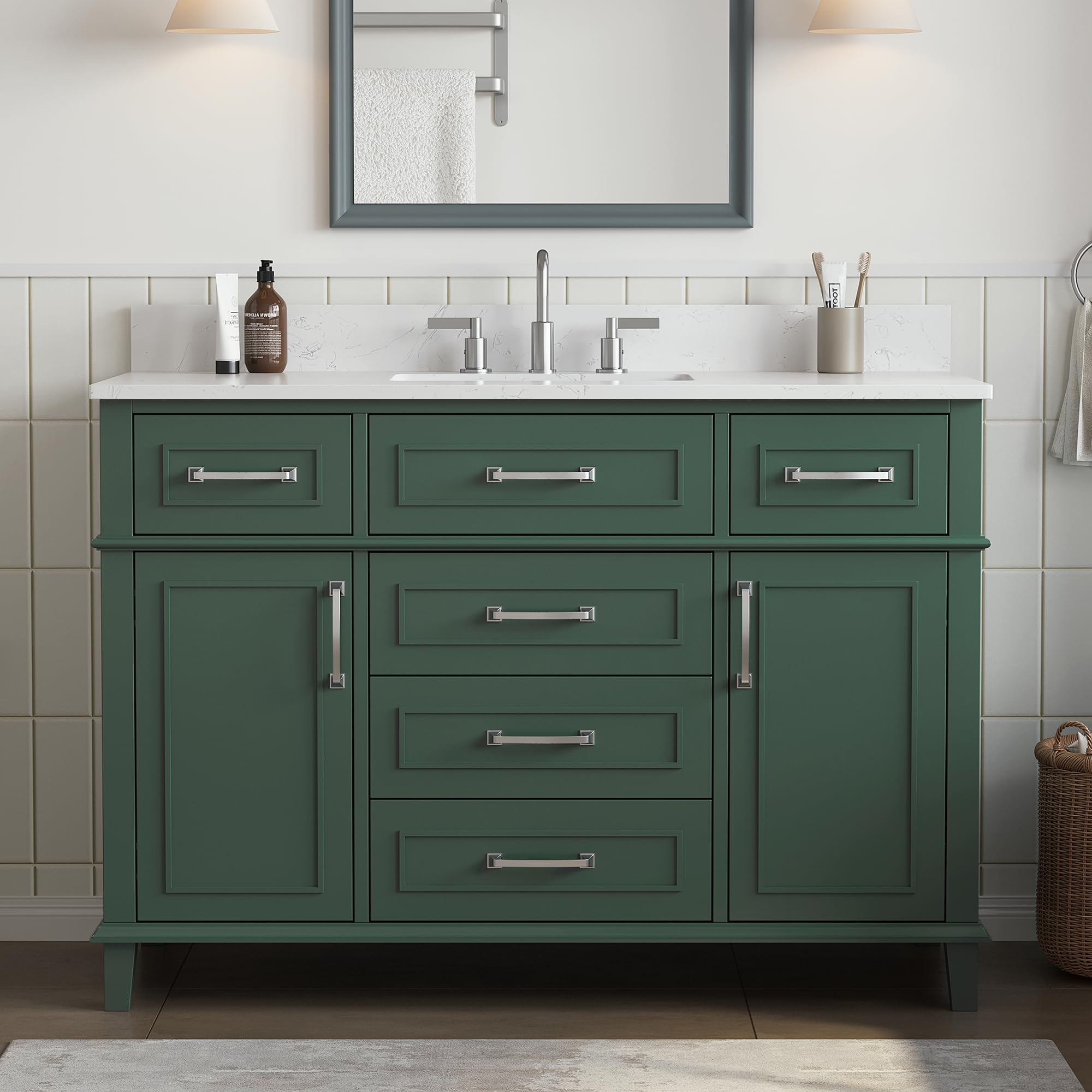 48 Inch Bathroom Vanity with Sink, Modern Steel Blue Bathroom Vanities with Soft Closing Doors & Dovetail Drawers, Quartz Countertop, No Assembly Required