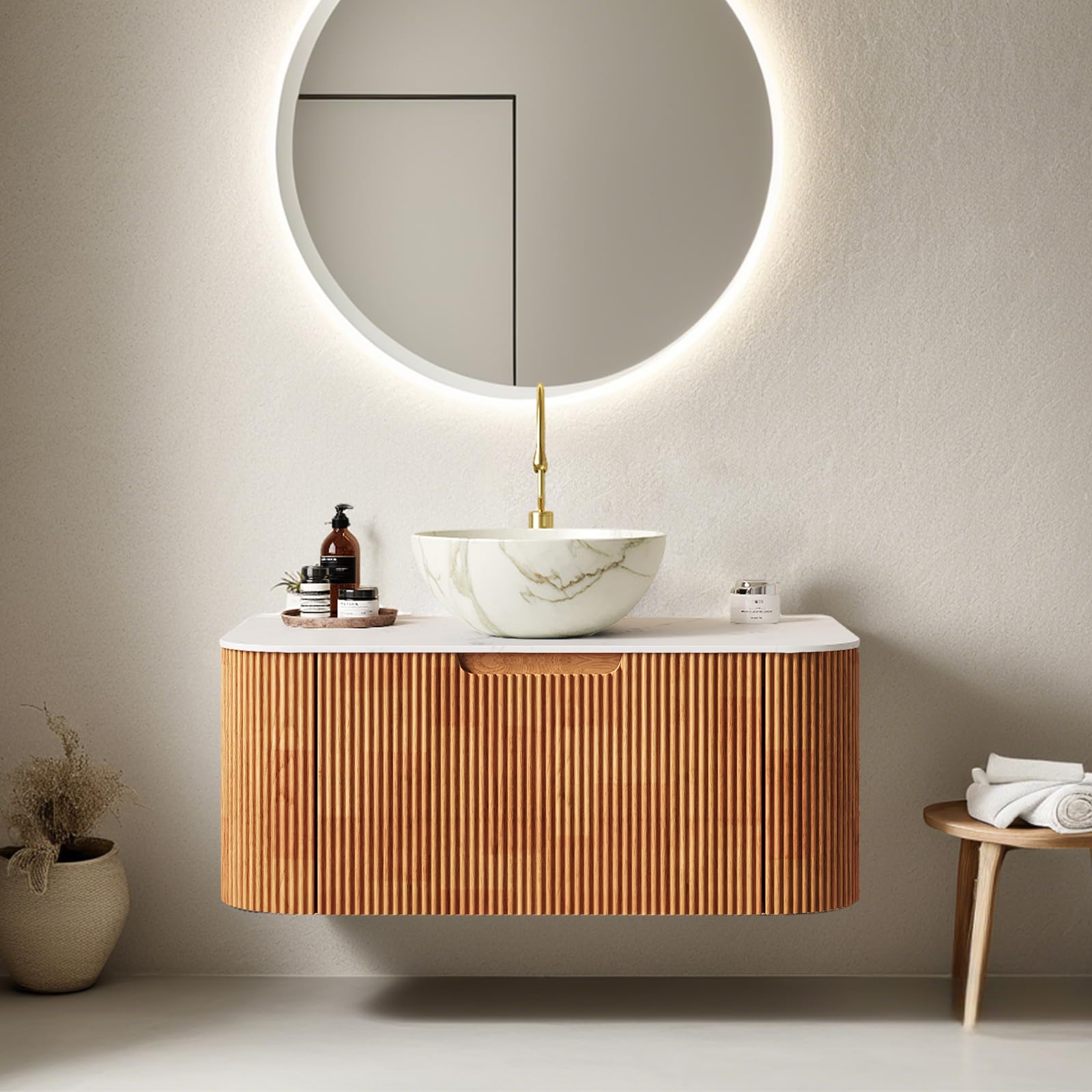24-Inch Modern Bathroom Vanity with Sink, Floating Cabinet with Ultra-Thin Ceramic Basin and Marble Top, Extra Large Storage Drawer, Soft-Close Design, Nature Wood