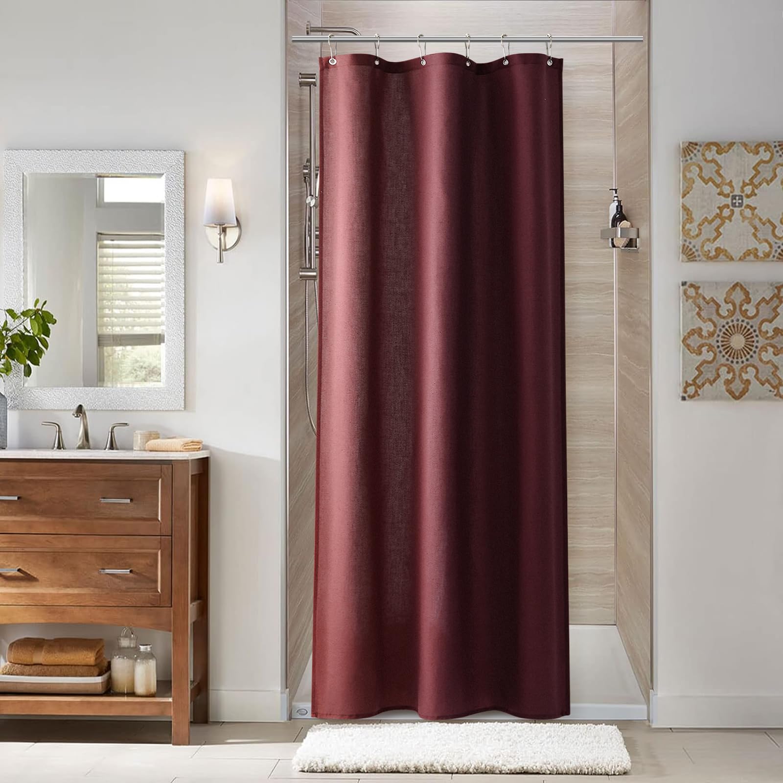 Naturoom Natural Linen Shower Curtain, Country Boho Farmhouse Bath Decor Beige Shower Curtains for Bathroom Neutral Cloth Weighted Textured Fabric Bath Curtain Liner with Hooks, Cream, 72 Inch