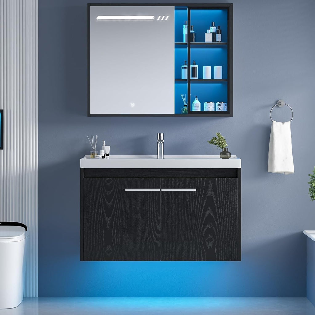 4ever2buy 31" Floating Bathroom Vanity with Sink, Modern Black Bathroom Vanity with LED Light, Wall Mounted Sink Cabinet with 2 Doors, Black