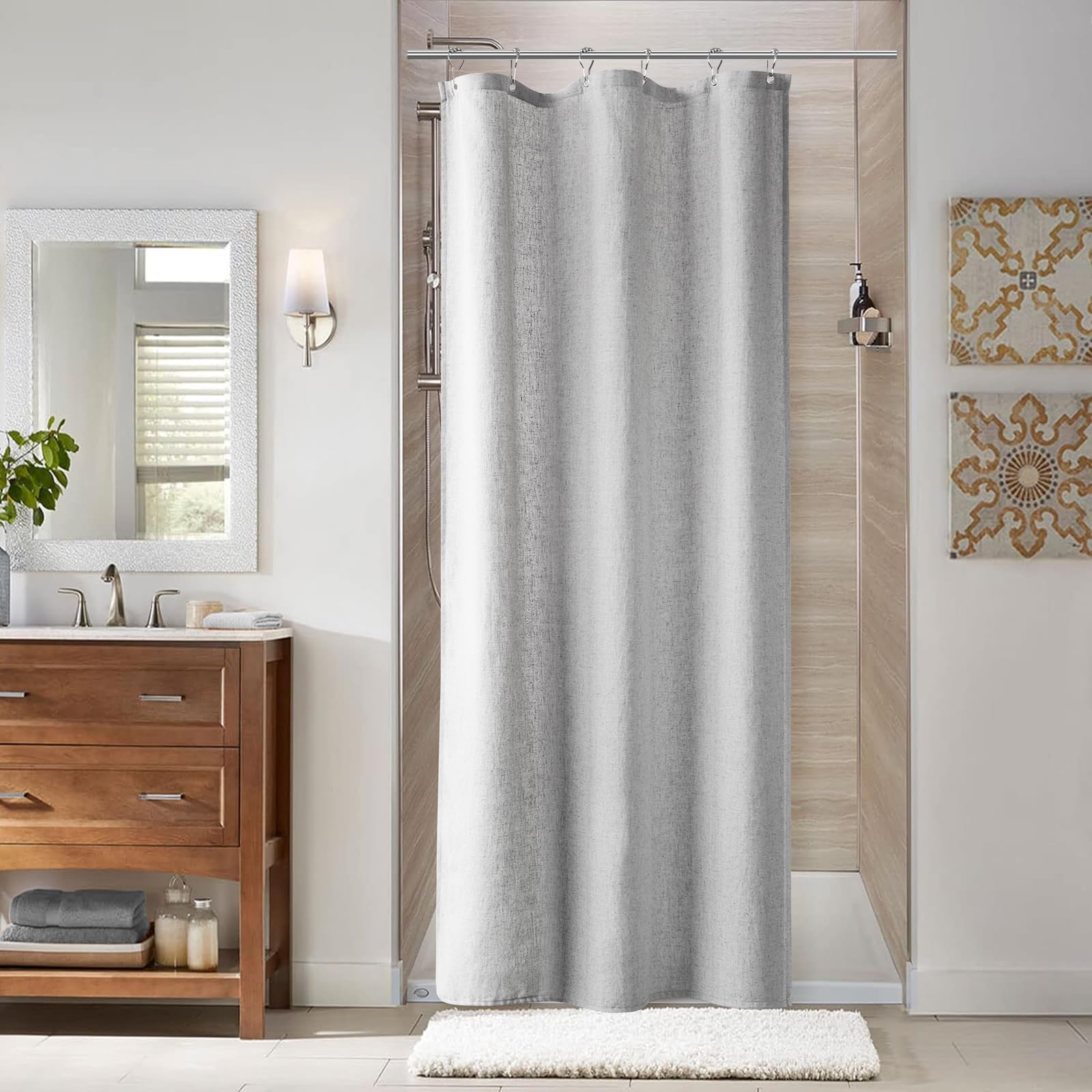 Naturoom Natural Linen Shower Curtain, Country Boho Farmhouse Bath Decor Beige Shower Curtains for Bathroom Neutral Cloth Weighted Textured Fabric Bath Curtain Liner with Hooks, Cream, 72 Inch