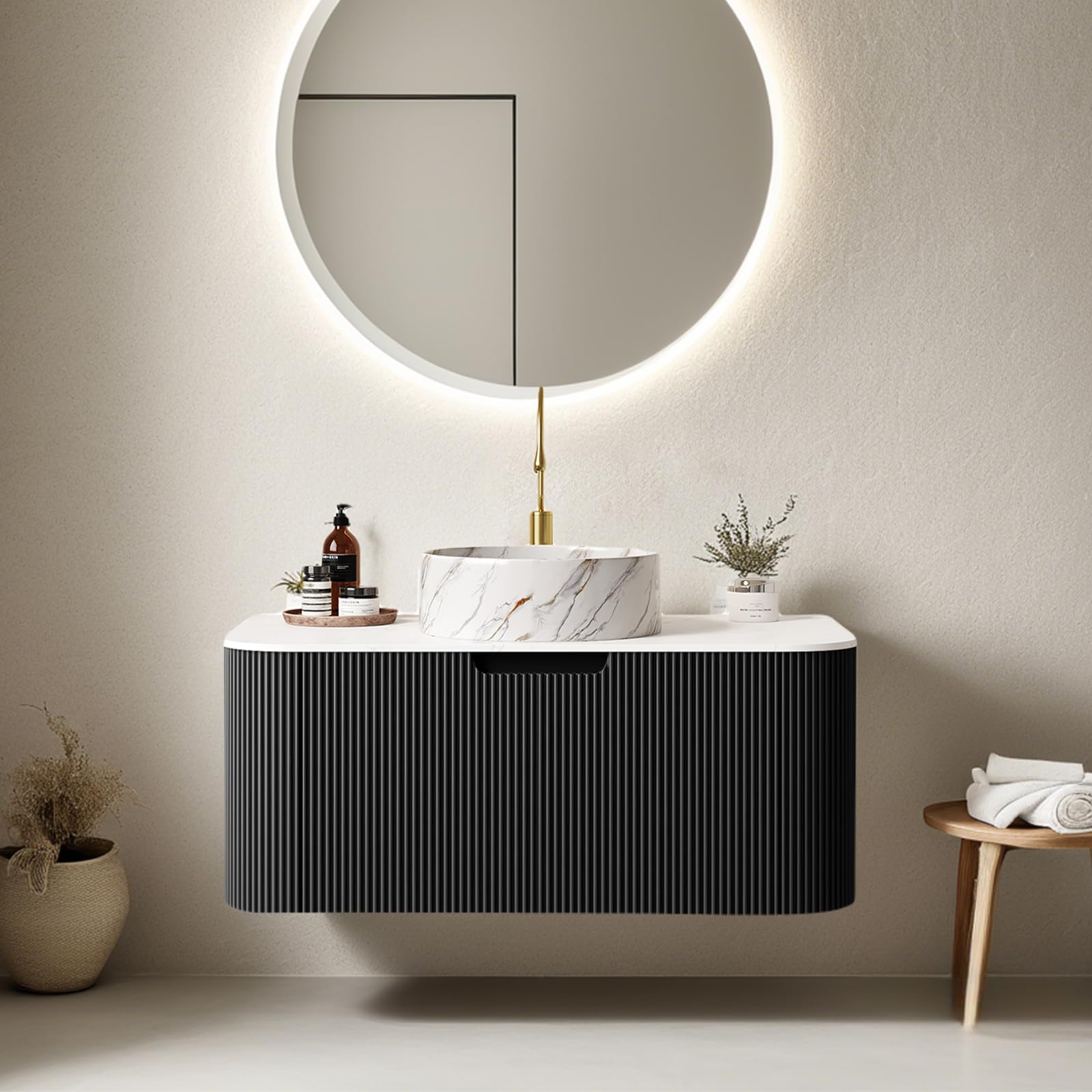 24-Inch Modern Bathroom Vanity with Sink, Floating Cabinet with Ultra-Thin Ceramic Basin and Marble Top, Extra Large Storage Drawer, Soft-Close Design, Nature Wood