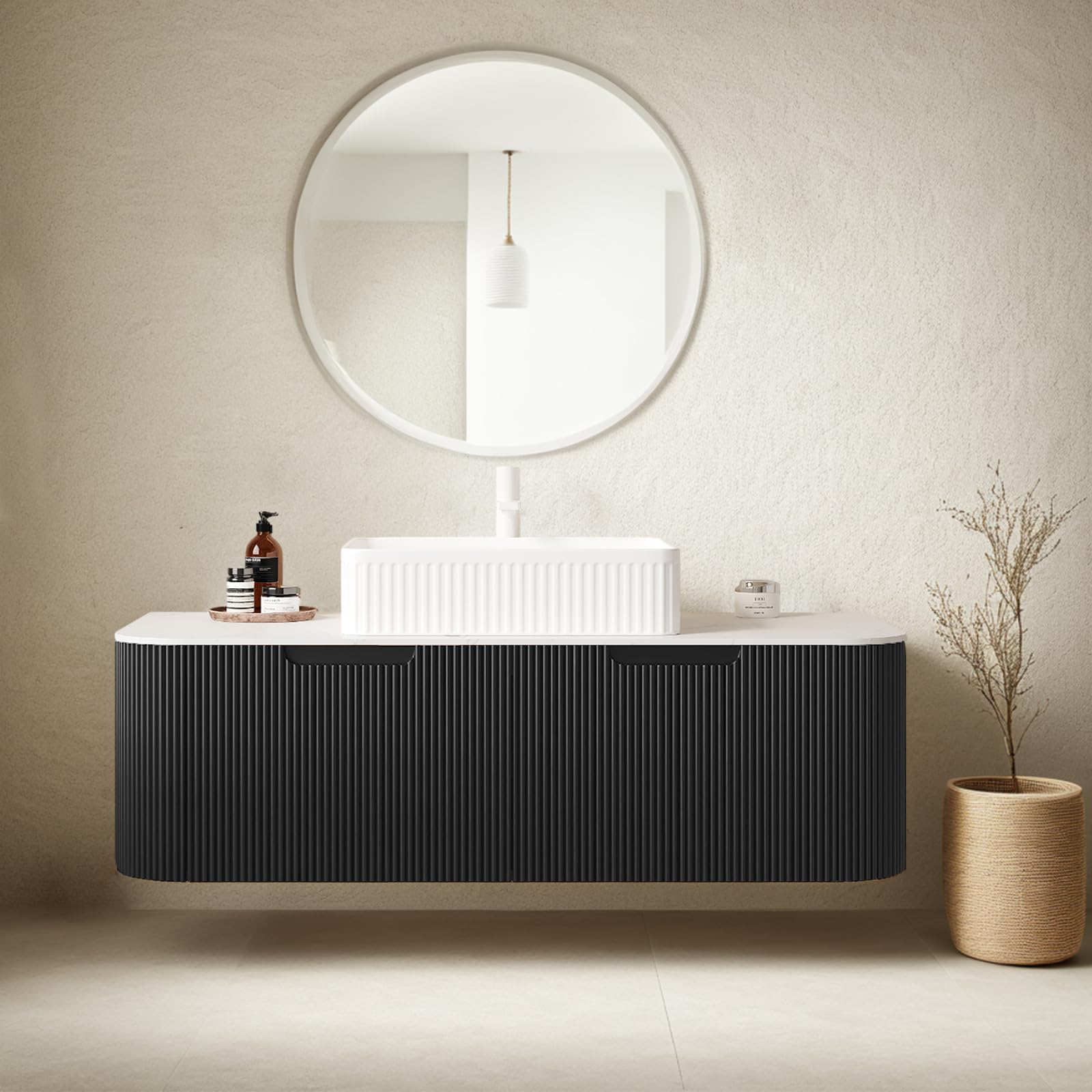 24-Inch Modern Bathroom Vanity with Sink, Floating Cabinet with Ultra-Thin Ceramic Basin and Marble Top, Extra Large Storage Drawer, Soft-Close Design, Nature Wood