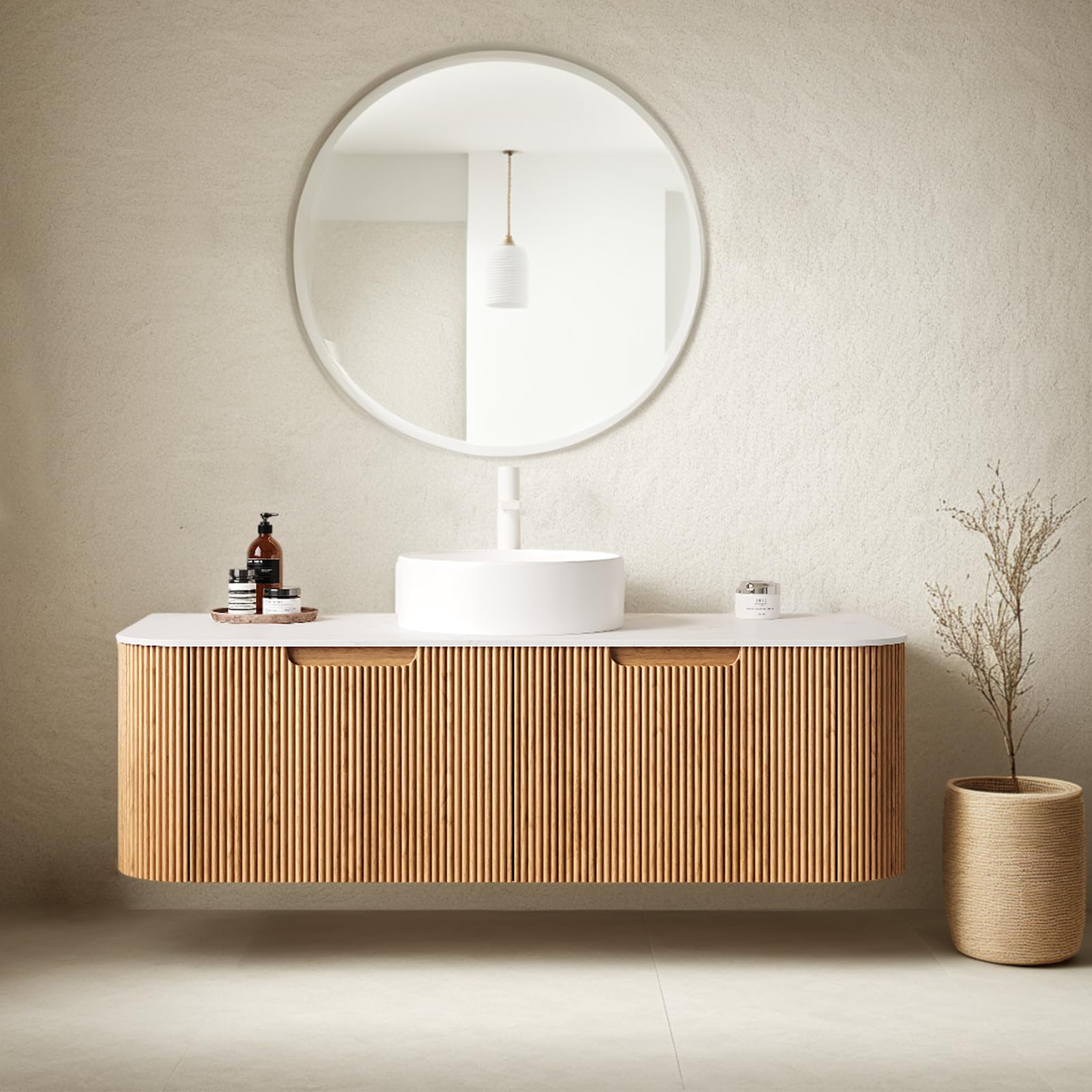 24-Inch Modern Bathroom Vanity with Sink, Floating Cabinet with Ultra-Thin Ceramic Basin and Marble Top, Extra Large Storage Drawer, Soft-Close Design, Nature Wood