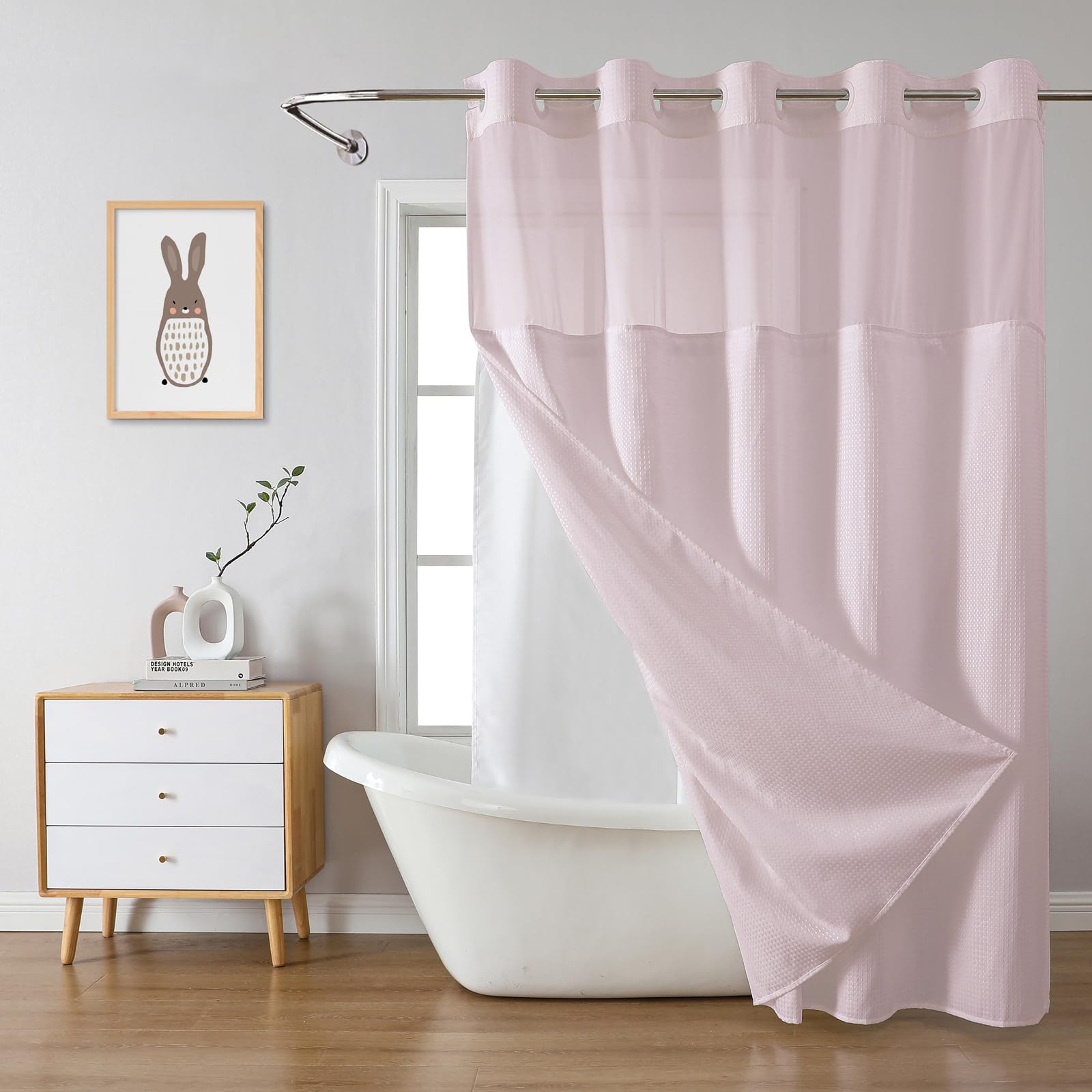 eachope BurntOrange Extra Long No Hook Waffle Weave Shower Curtain with snap-in Liner Replacement, 230GSM Waterproof Fabric Hotel Shower Curtain Set for Bathroom, Through Mesh Top Window,71Wx86H