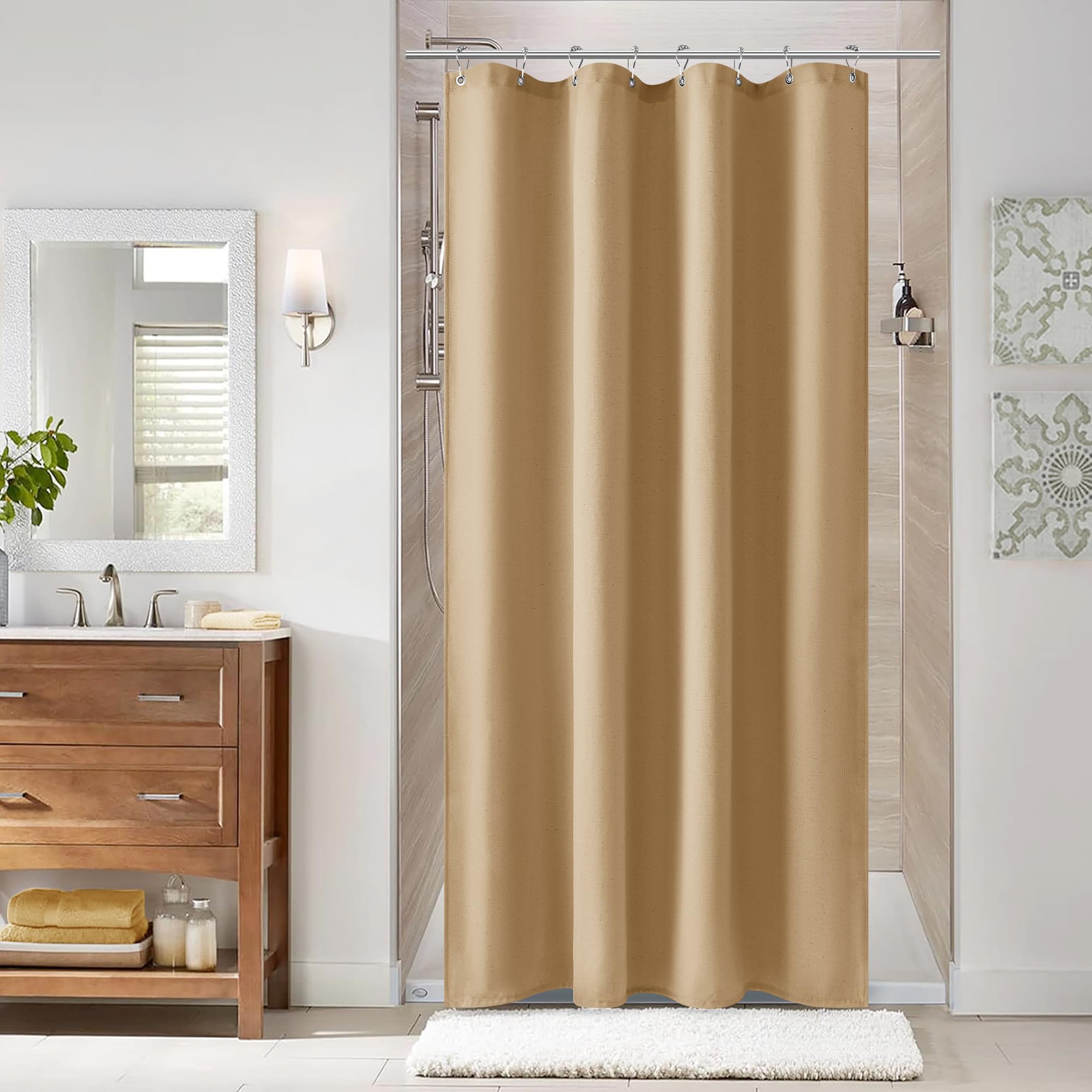 Naturoom Natural Linen Shower Curtain, Country Boho Farmhouse Bath Decor Beige Shower Curtains for Bathroom Neutral Cloth Weighted Textured Fabric Bath Curtain Liner with Hooks, Cream, 72 Inch