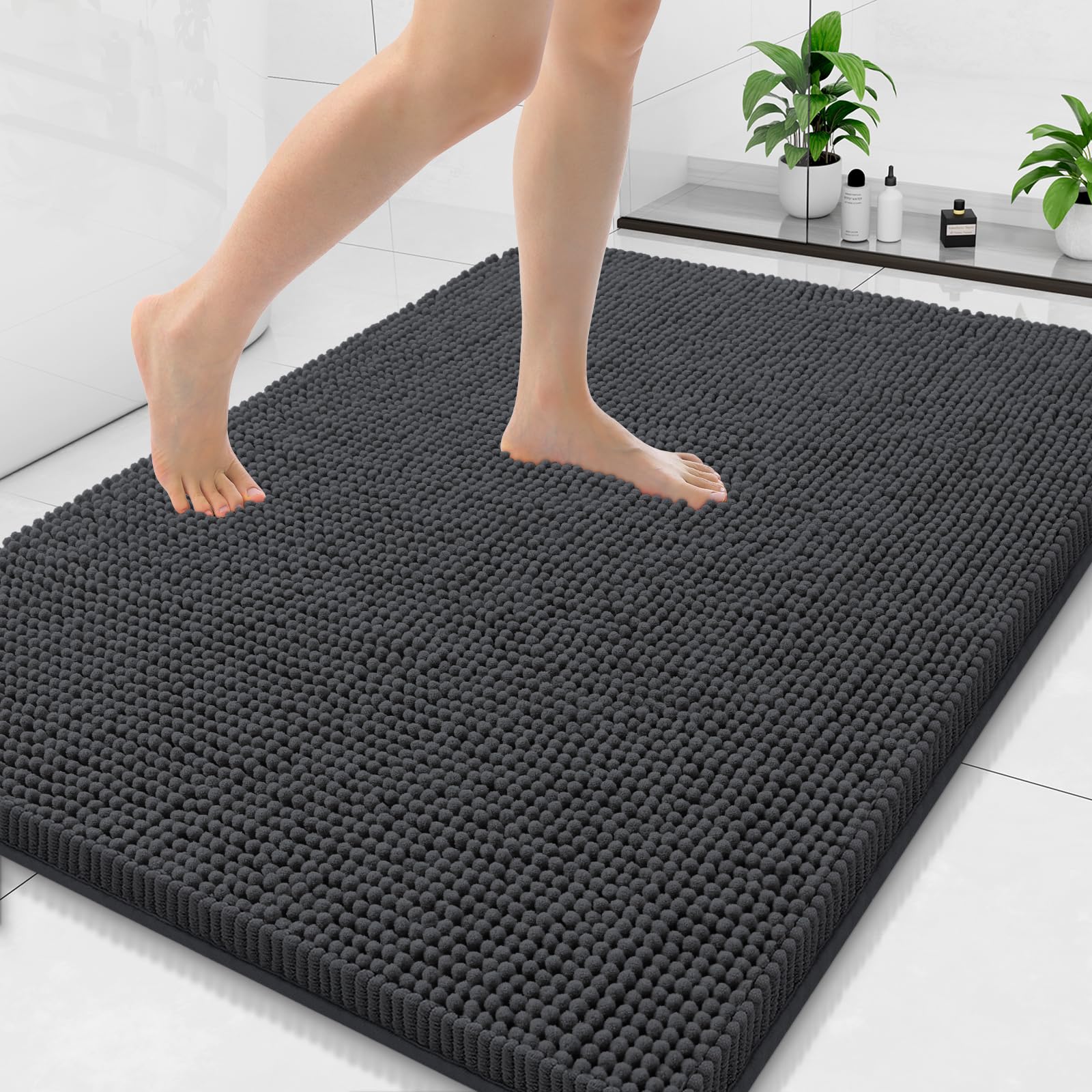 Arotive Bathroom Rugs 30x20, Extra Soft Absorbent Shaggy Chenille Bath Rugs, Machine Washable Rubber Backing Non-Slip Bath Mats for Bathroom Floor Tub and Shower, Home Decor Accessories, Grey