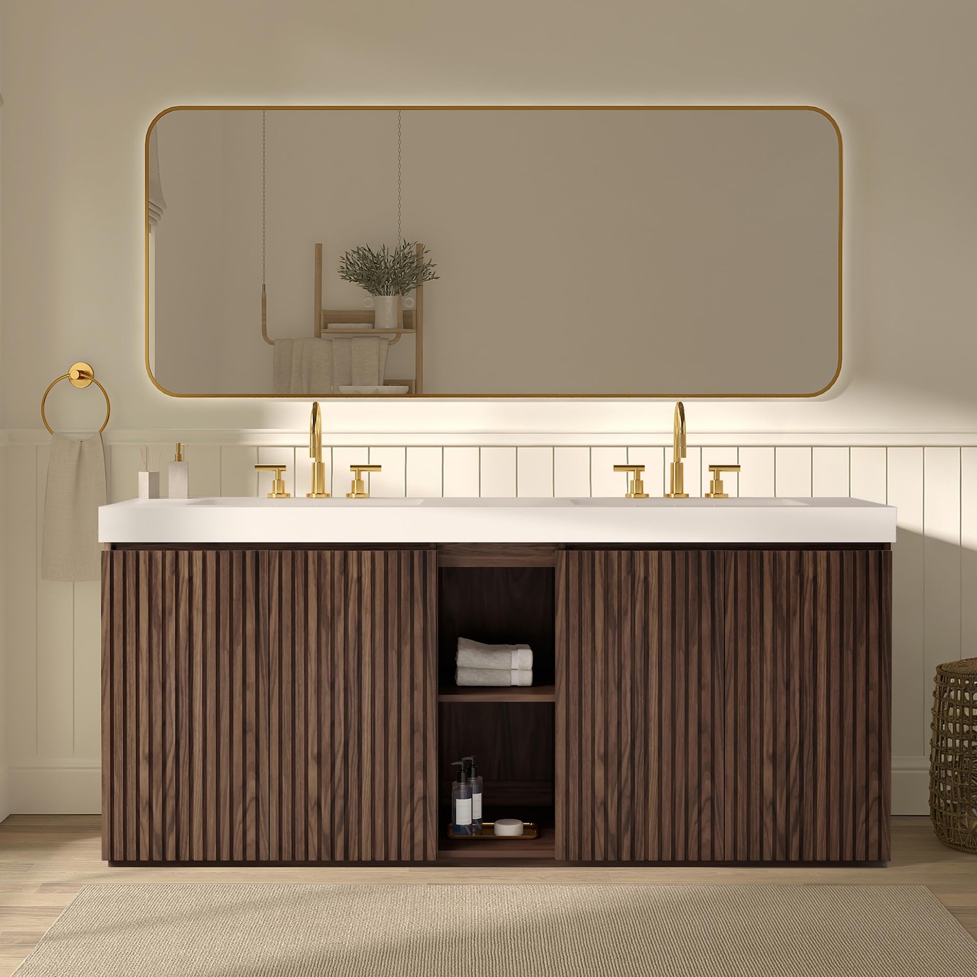 60" Bathroom Vanity with Double Sink, Freestanding Double Sink Bathroom Vanity with White Engineered Stone Top, Open Storage Cabinet & Adjustable Shelf, 4 Soft-Closing Doors, Smoked Oak Brown