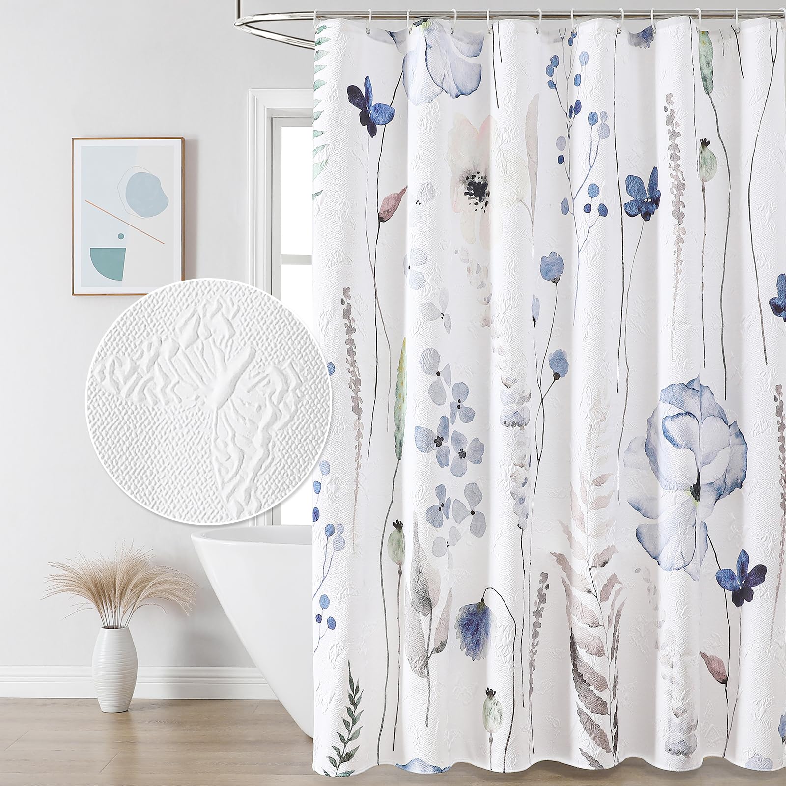 QiyI Watercolor Floral Shower Curtain, 3D Embossed Butterflies Grey Beige Flower Bathroom Curtains, Minimalist White Cloth Bath Curtain, Waterproof Fabric Textured Shower Curtain Set with Hooks, 72x72