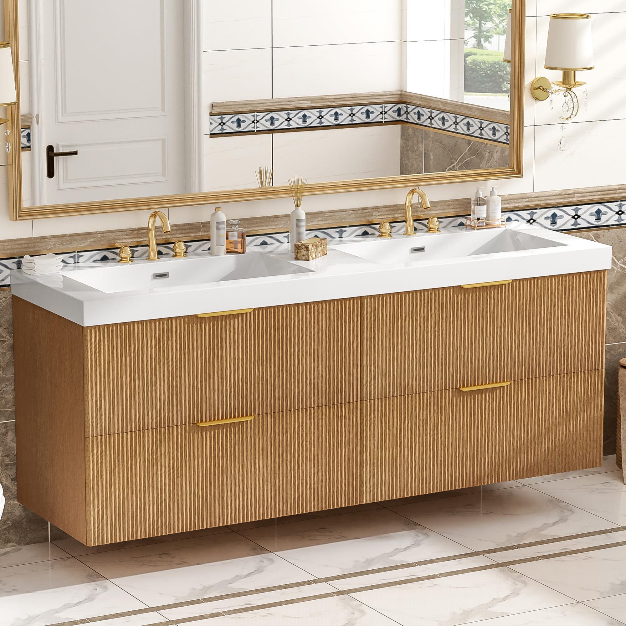 60" Bathroom Vanity with Sink Combo, Floating Double Sink Bathroom Vanity with SMC Resin Top, MDF Cabinet with Solid Wood Frame, Wall-Mounted Bath Room Vanities for Large Bathrooms, Wood
