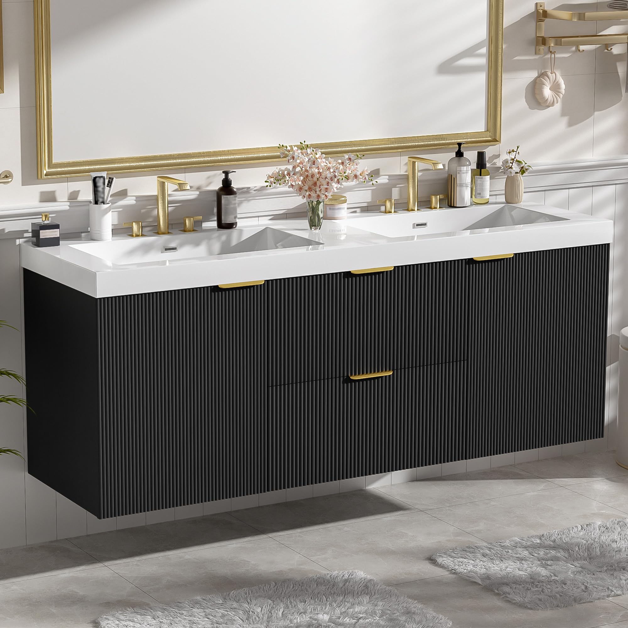 60" Bathroom Vanity with Sink Combo, Floating Double Sink Bathroom Vanity with SMC Resin Top, MDF Cabinet with Solid Wood Frame, Wall-Mounted Bath Room Vanities for Large Bathrooms, Wood