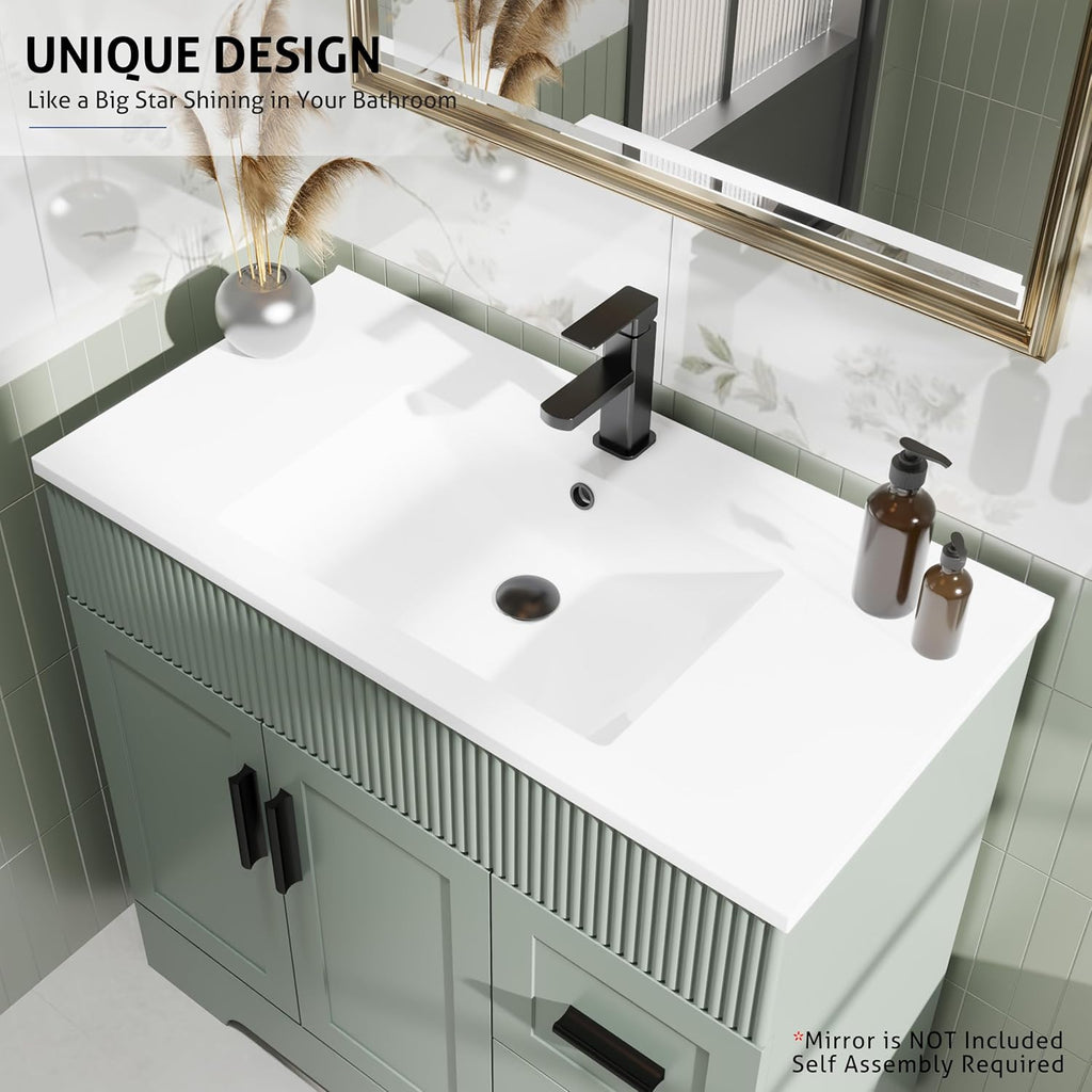 eclife 36" Bathroom Vanities Sink Combo with Painted Surface, Modern Drawered Cabinet W/Decorative Wave Lines, Undermount Single Sink, Matte Black Faucet Drain, Gray Green