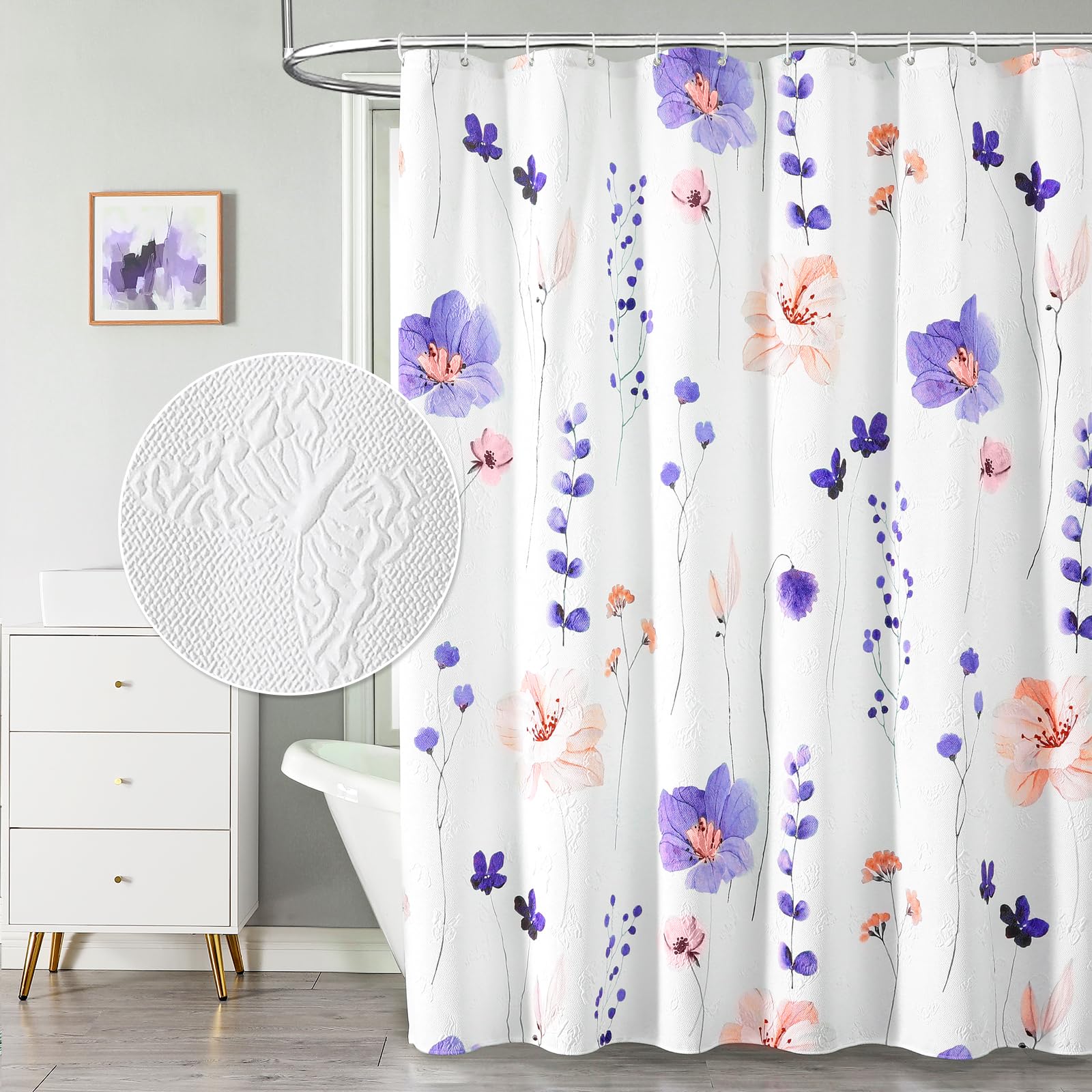 QiyI Watercolor Floral Shower Curtain, 3D Embossed Butterflies Grey Beige Flower Bathroom Curtains, Minimalist White Cloth Bath Curtain, Waterproof Fabric Textured Shower Curtain Set with Hooks, 72x72