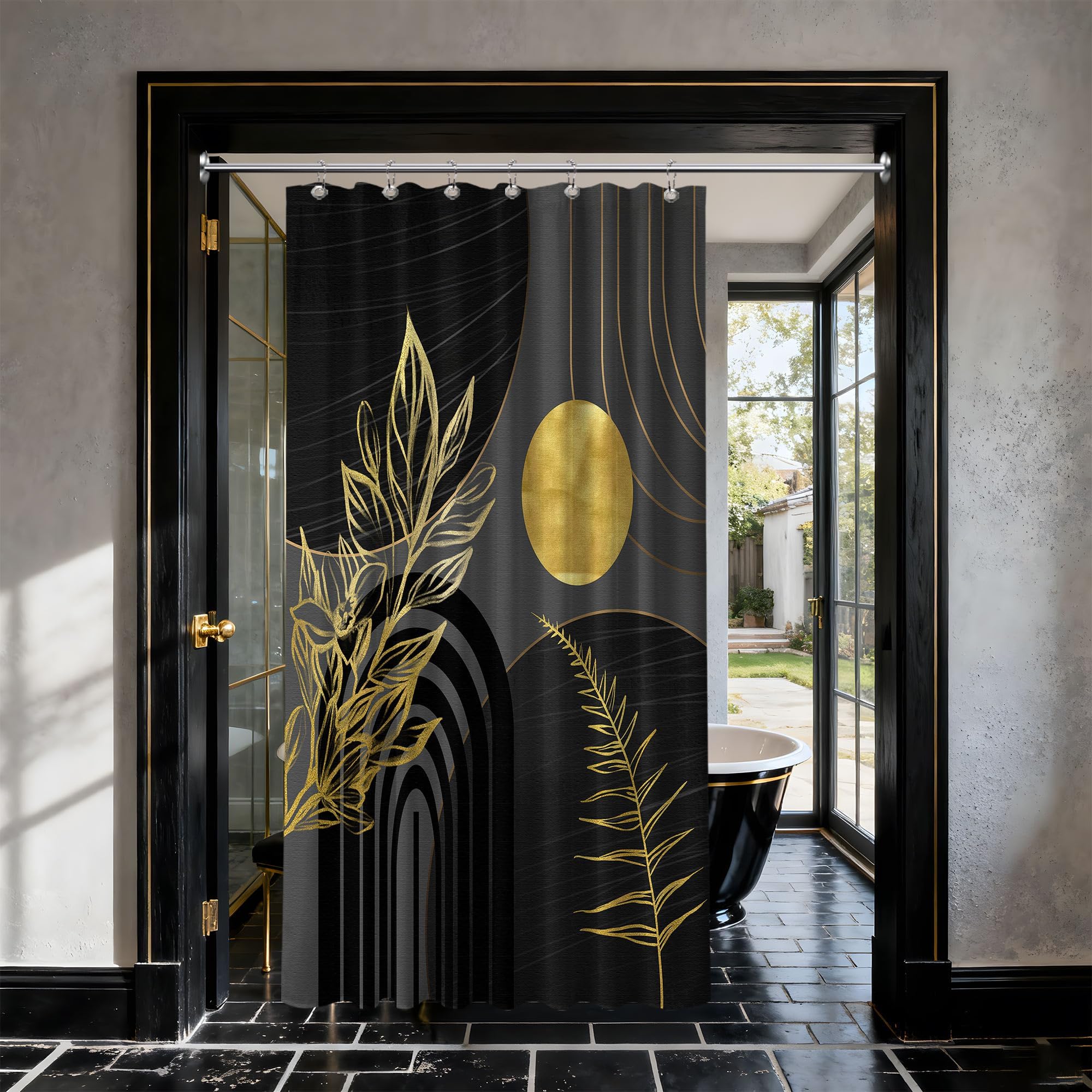Mid Century Modern Black and Brown Shower Curtain Boho Beige and Dark Tan Gold Shower Curtains for Mens Bathroom Decor Sets, Waterproof Cloth Fabric with Hooks, 70x72in