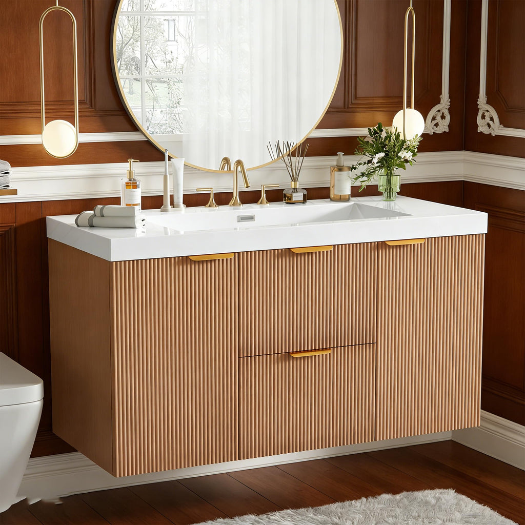 60" Bathroom Vanity with Sink Combo, Floating Double Sink Bathroom Vanity with SMC Resin Top, MDF Cabinet with Solid Wood Frame, Wall-Mounted Bath Room Vanities for Large Bathrooms, Wood