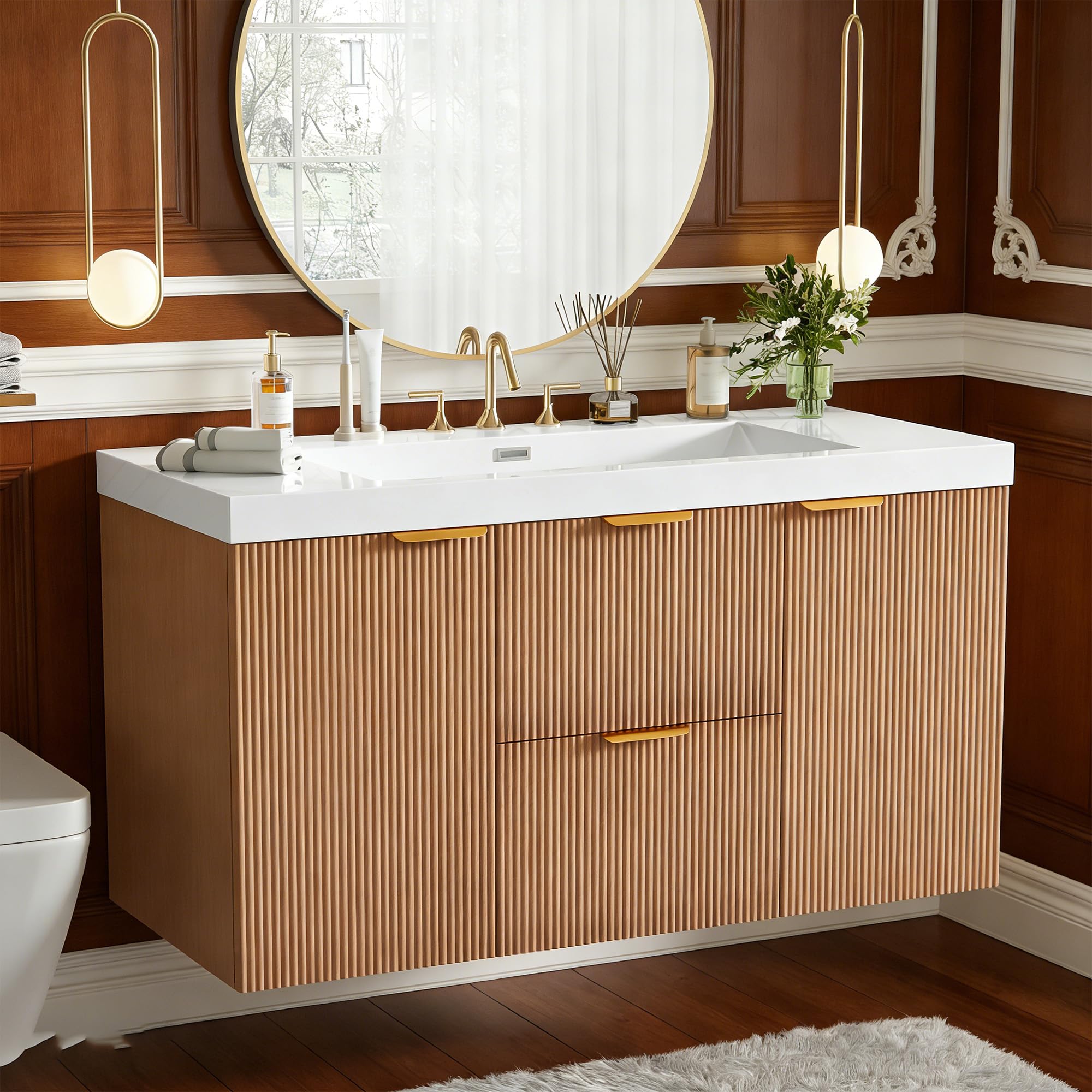 60" Bathroom Vanity with Sink Combo, Floating Double Sink Bathroom Vanity with SMC Resin Top, MDF Cabinet with Solid Wood Frame, Wall-Mounted Bath Room Vanities for Large Bathrooms, Wood