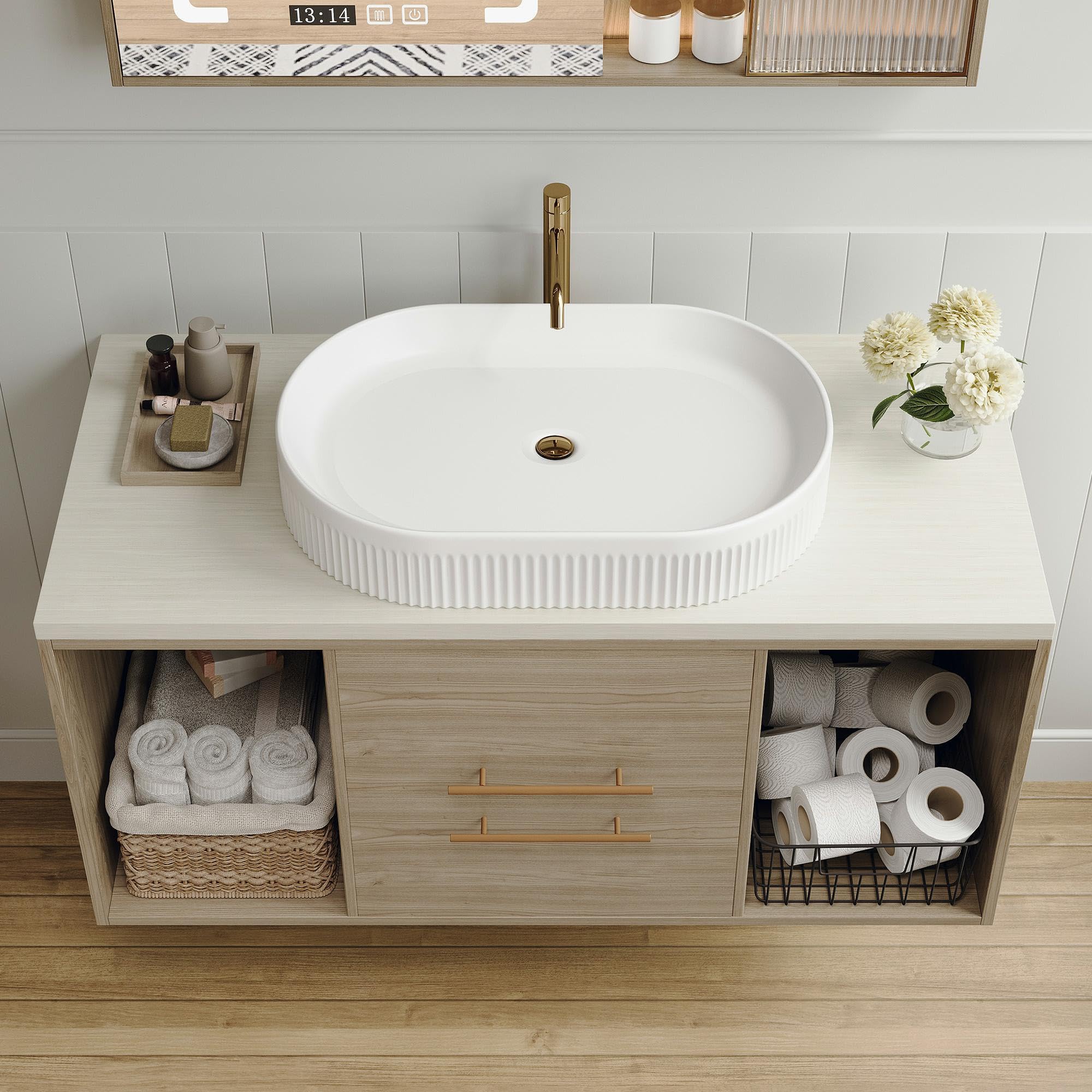 Glintee 36" Modern Bathroom Vanity with Ceramic Sink – Sintered Stone Top, 4 Soft-Close Drawers, Sturdy Solid Wood Cabinet, Wall-Mounted or Freestanding, Easy Assembly, Black & White