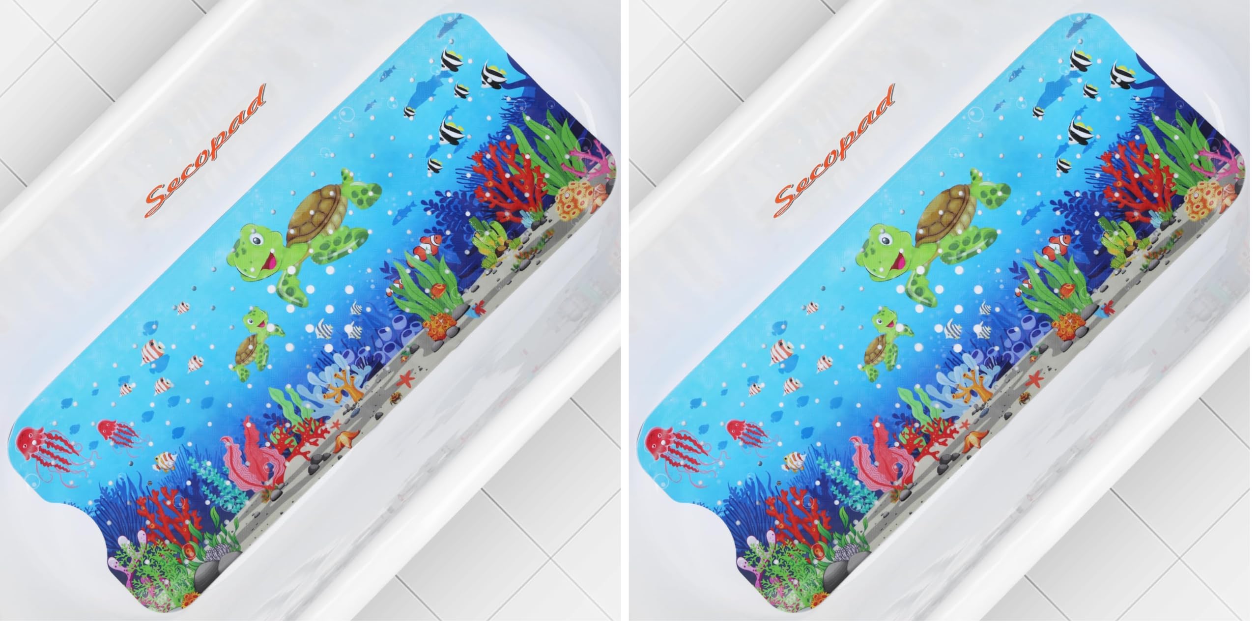 Secopad Bath Mat for Tub Non Slip, Machine Washable Anti-Slip Cartoon Baby Bathtub Shower Mat with Drain Holes and Suction Cups for Toddler & Kids (40 Inch x 16 Inch-Rectangular, Turtles)