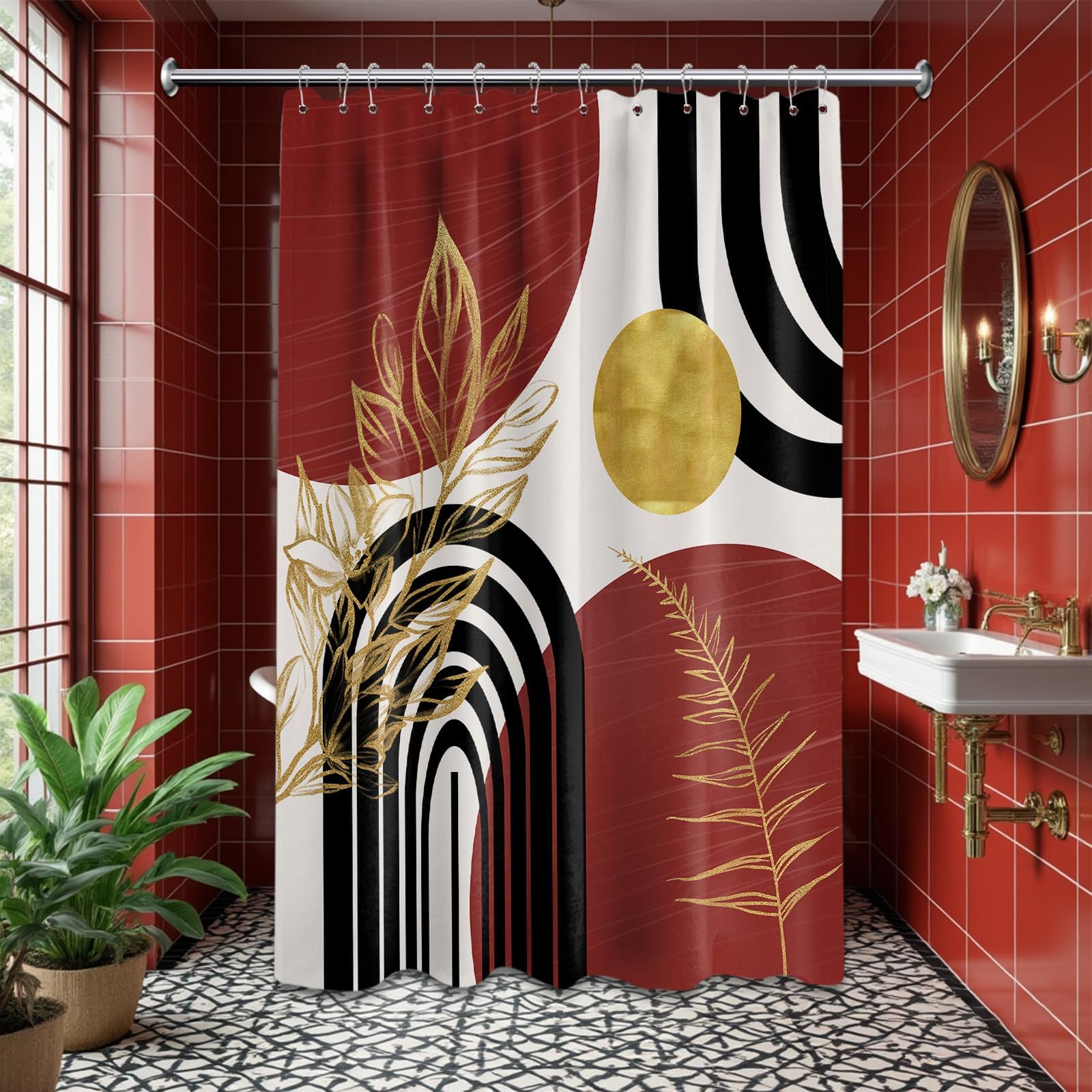 Mid Century Modern Black and Brown Shower Curtain Boho Beige and Dark Tan Gold Shower Curtains for Mens Bathroom Decor Sets, Waterproof Cloth Fabric with Hooks, 70x72in