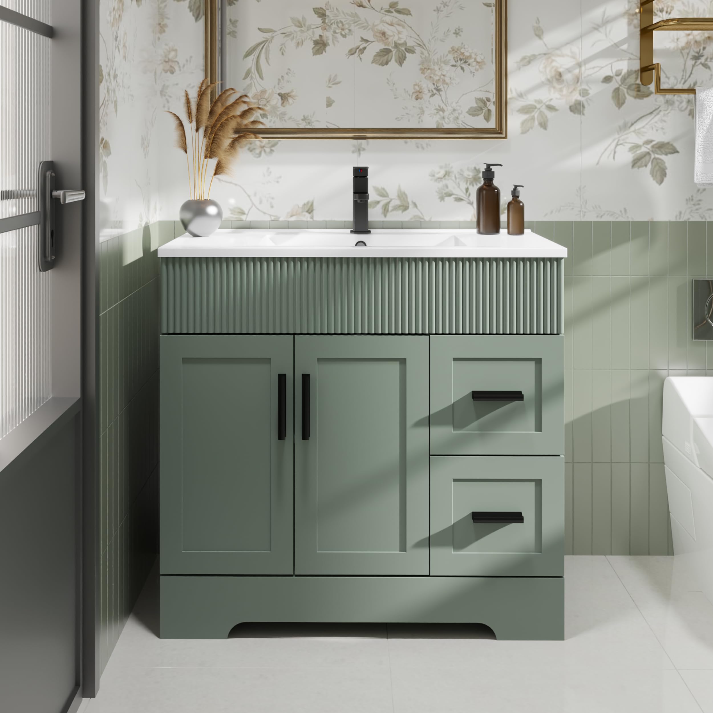 eclife 36" Bathroom Vanities Sink Combo with Painted Surface, Modern Drawered Cabinet W/Decorative Wave Lines, Undermount Single Sink, Matte Black Faucet Drain, Gray Green