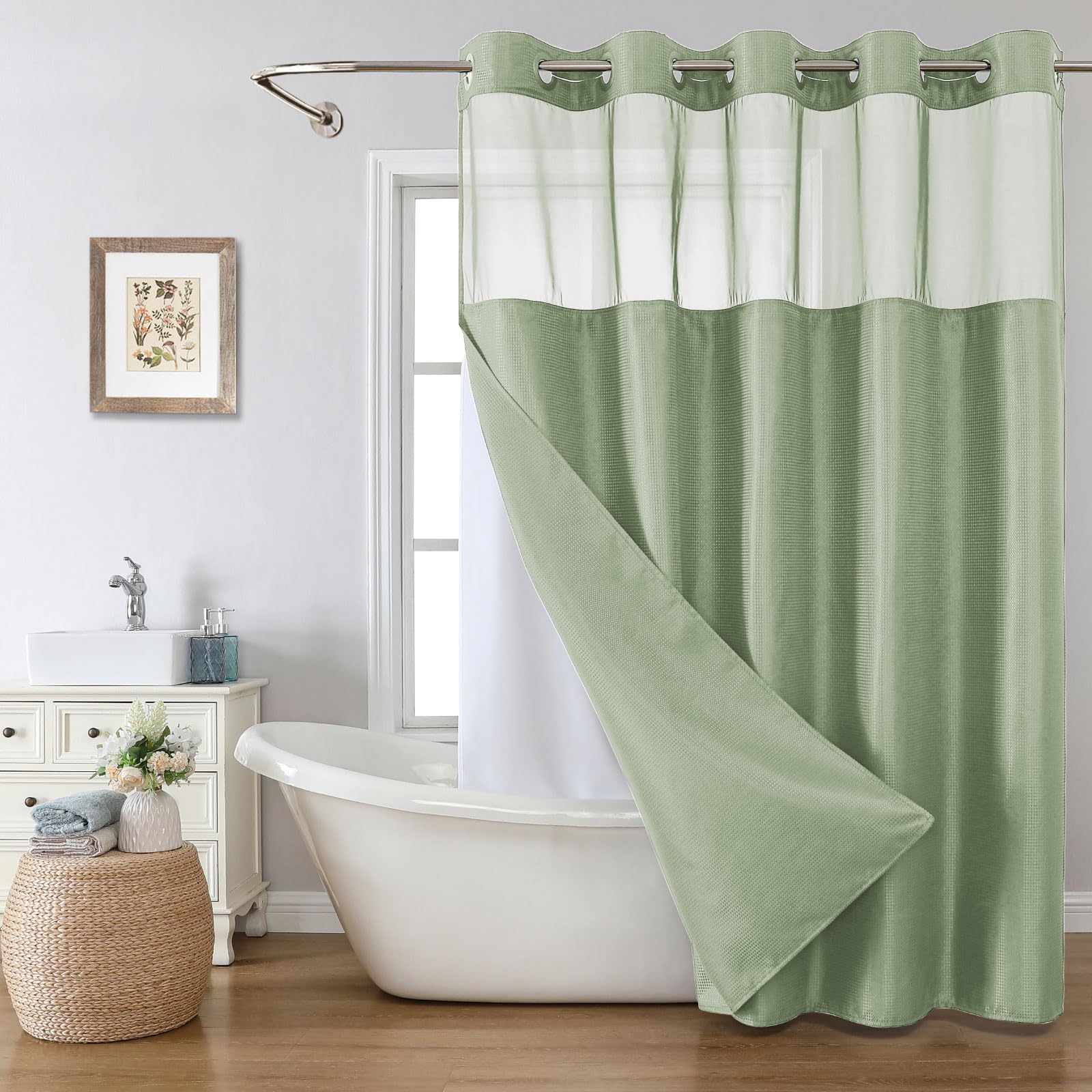eachope Stall No Hook Shower Curtain with Snap-in Fabric Liner Set,Waffle Weave Shower Curtains for Bathroom,Hotel Luxury Decor Bathroom Curtain Set,Waterproof & Washable,White,54Wx80H