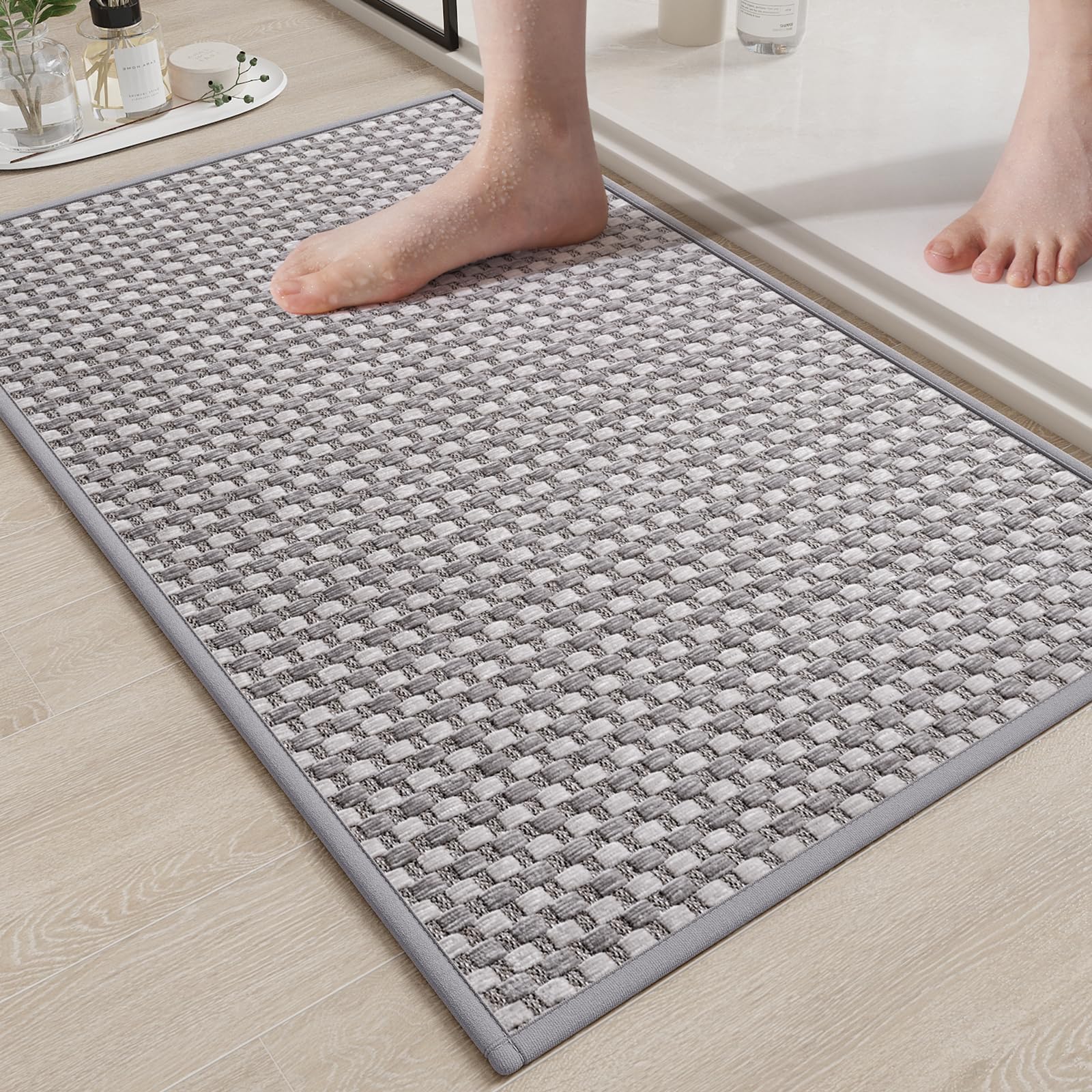 YDKGL Non Slip Bath Mat, Rubber Backing Ultra Thin Bathroom Rugs Fit Under Door Quick Dry Super Absorbent Washable Bath Rug Shower Mat for Bathroom Floor Bathtub Shower Sink, Easy Care Beige 16"x 24"