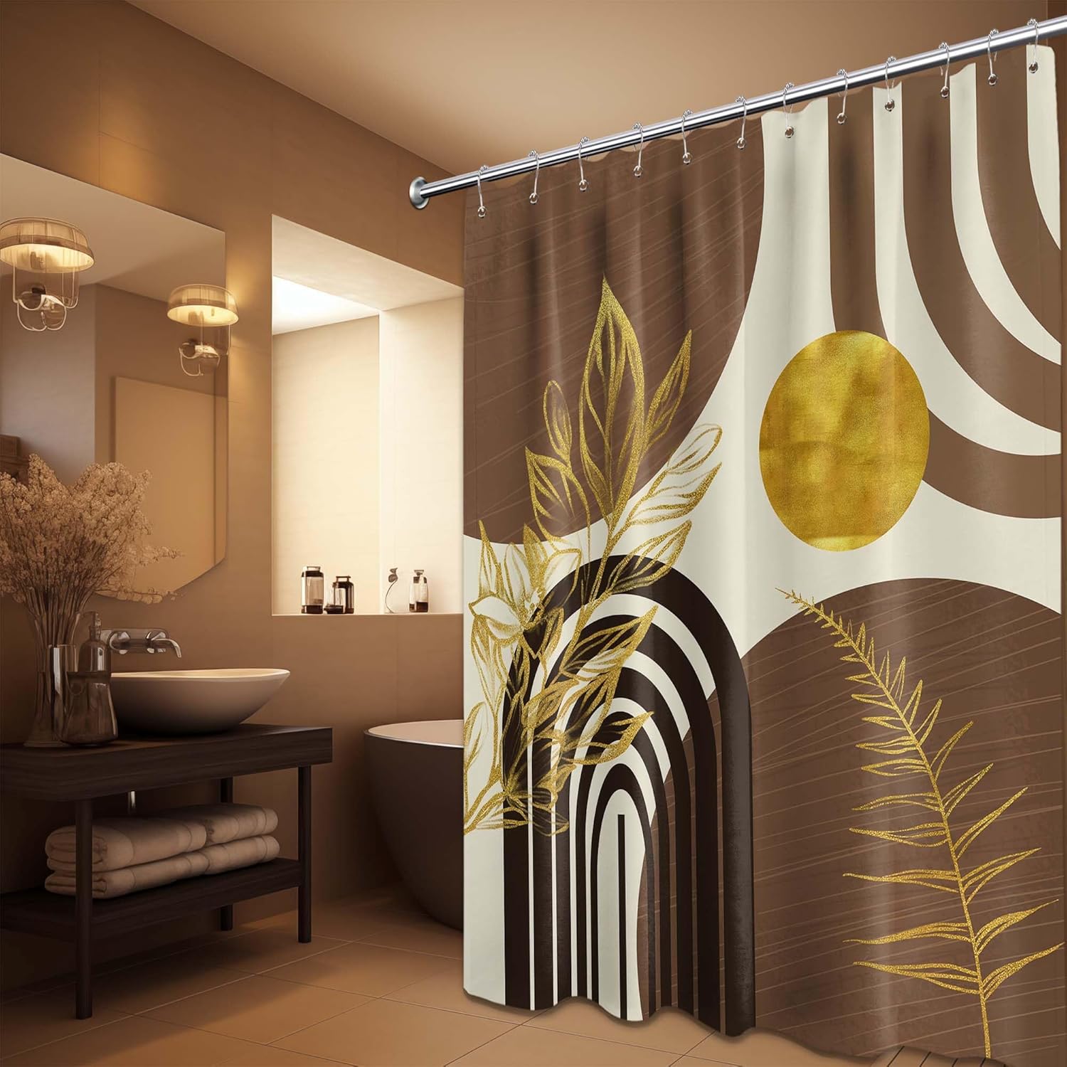 Mid Century Modern Black and Brown Shower Curtain Boho Beige and Dark Tan Gold Shower Curtains for Mens Bathroom Decor Sets, Waterproof Cloth Fabric with Hooks, 70x72in