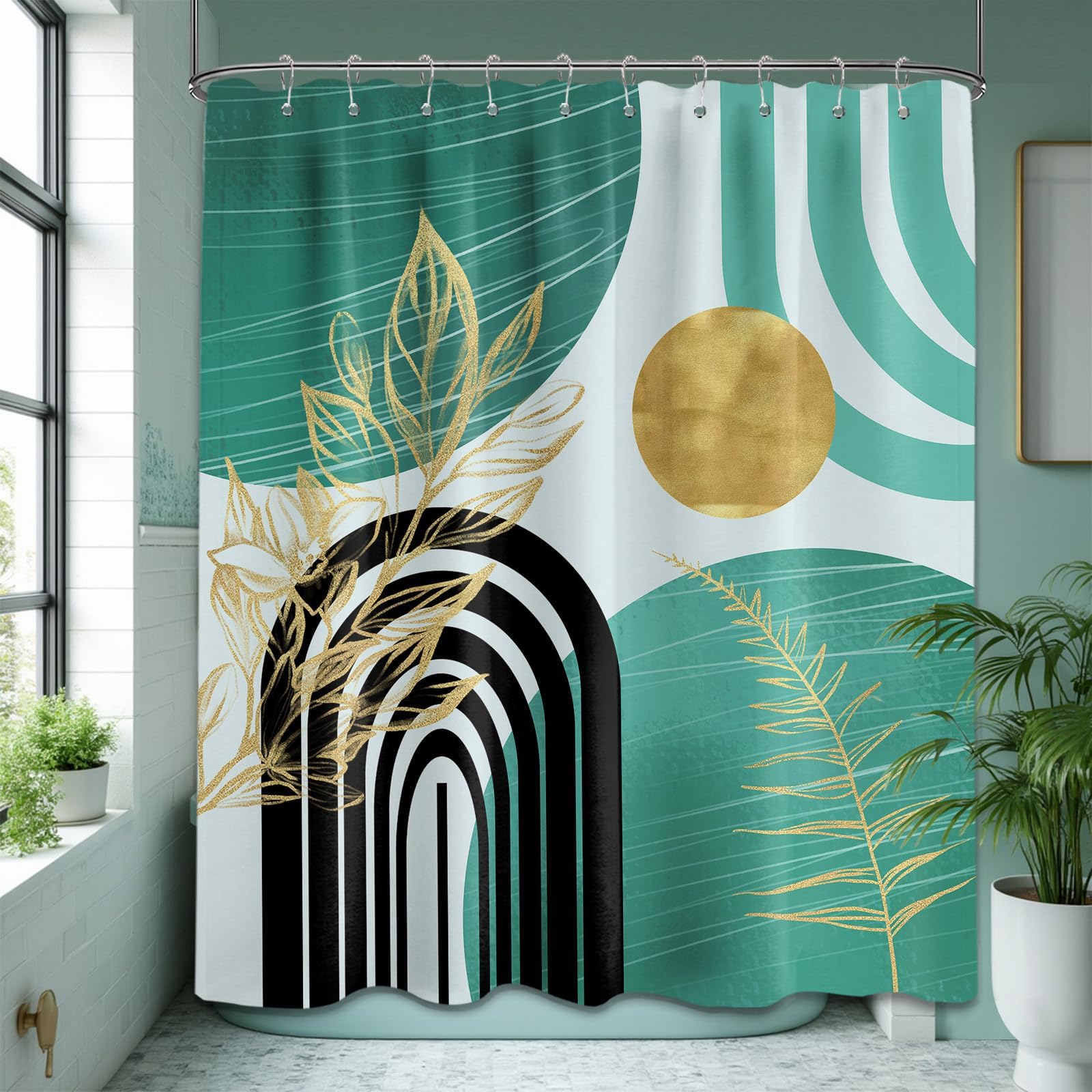 Mid Century Modern Black and Brown Shower Curtain Boho Beige and Dark Tan Gold Shower Curtains for Mens Bathroom Decor Sets, Waterproof Cloth Fabric with Hooks, 70x72in