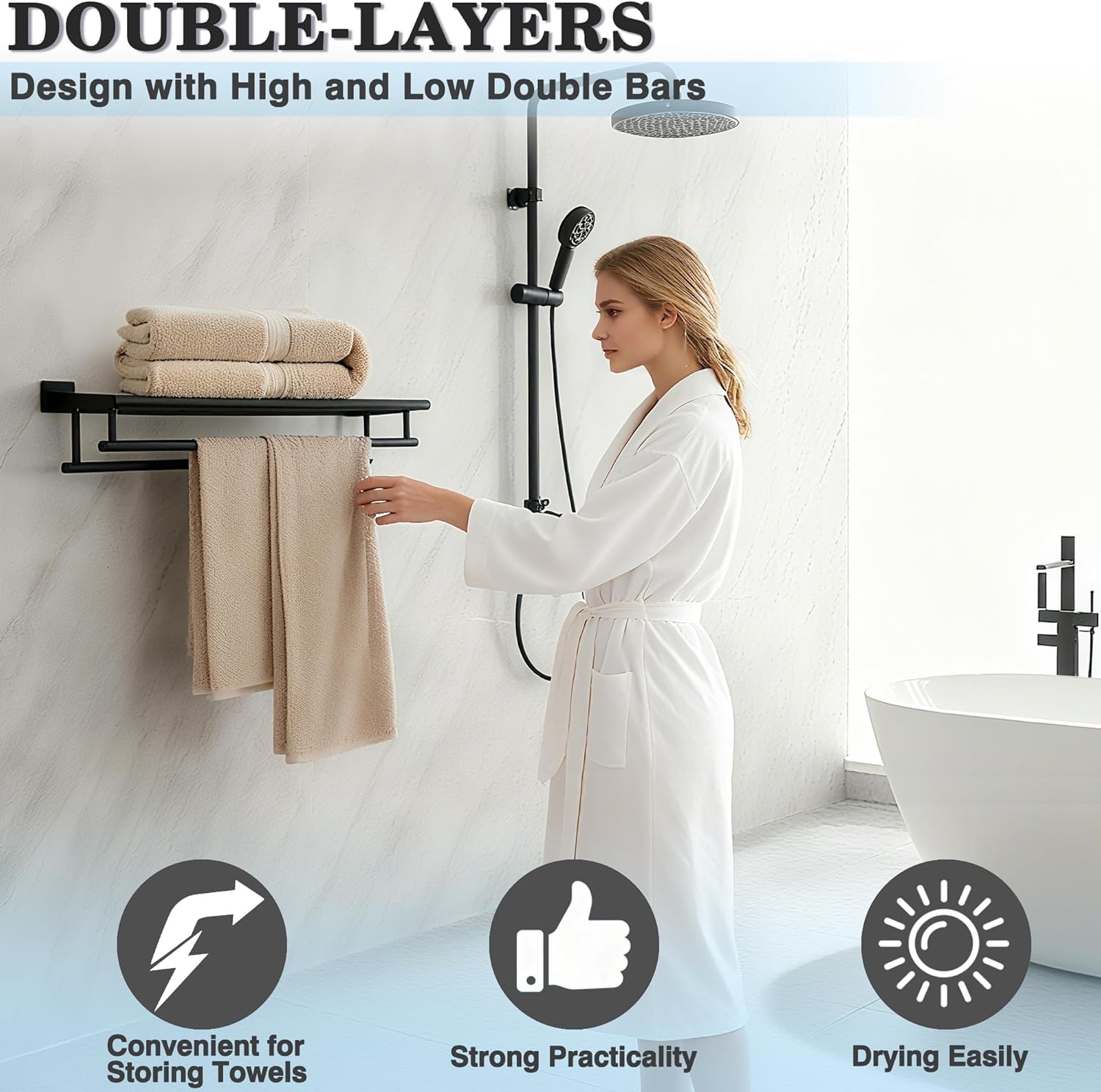 Alise Double Towel Rack for Bathroom Wall Mounted,24 Inch Bathroom Tower Holder Black Towel Rack with Double Towel Bars,SUS304 Stainless Steel Towel Bar Towel Rack with Shelf,Matte Black