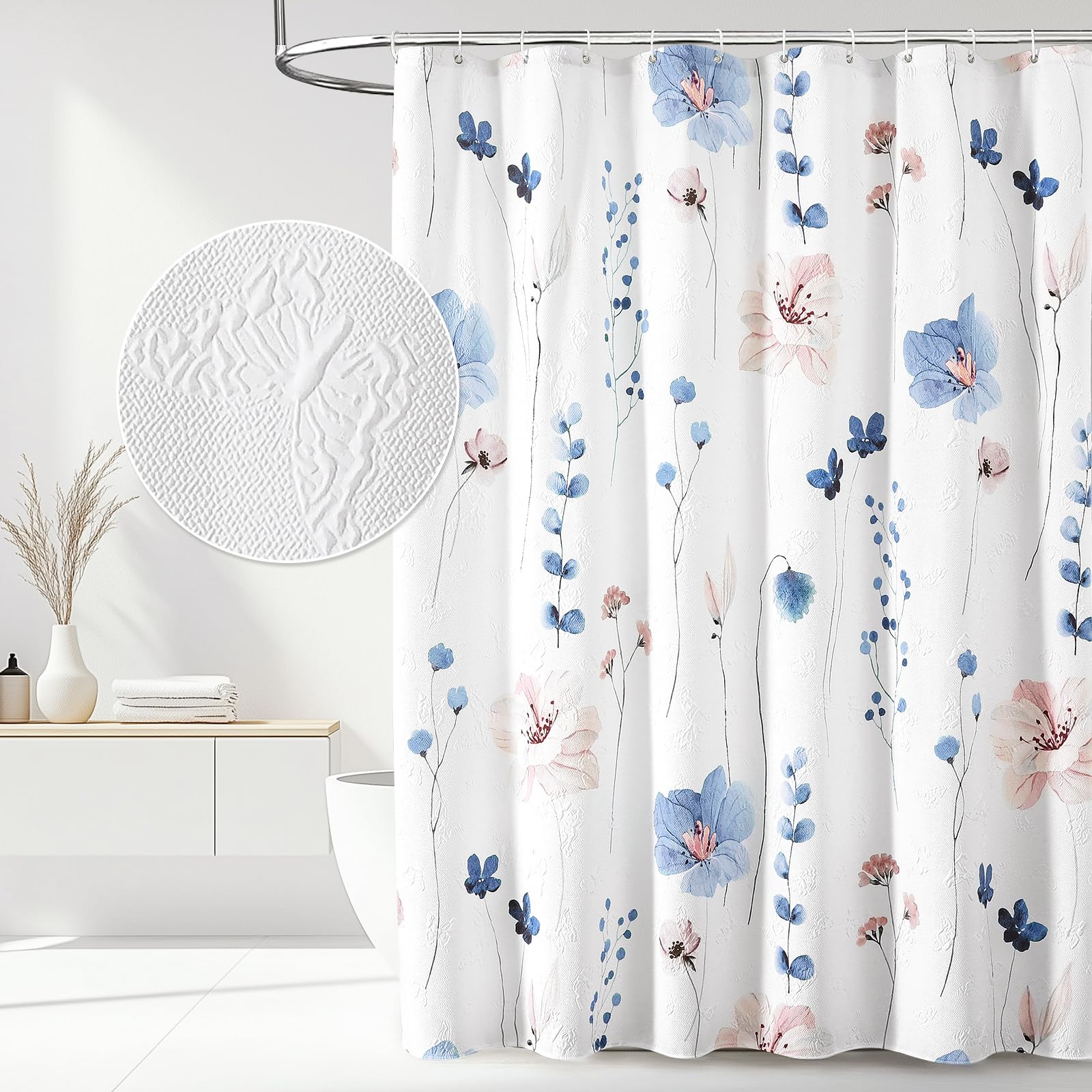 QiyI Watercolor Floral Shower Curtain, 3D Embossed Butterflies Grey Beige Flower Bathroom Curtains, Minimalist White Cloth Bath Curtain, Waterproof Fabric Textured Shower Curtain Set with Hooks, 72x72