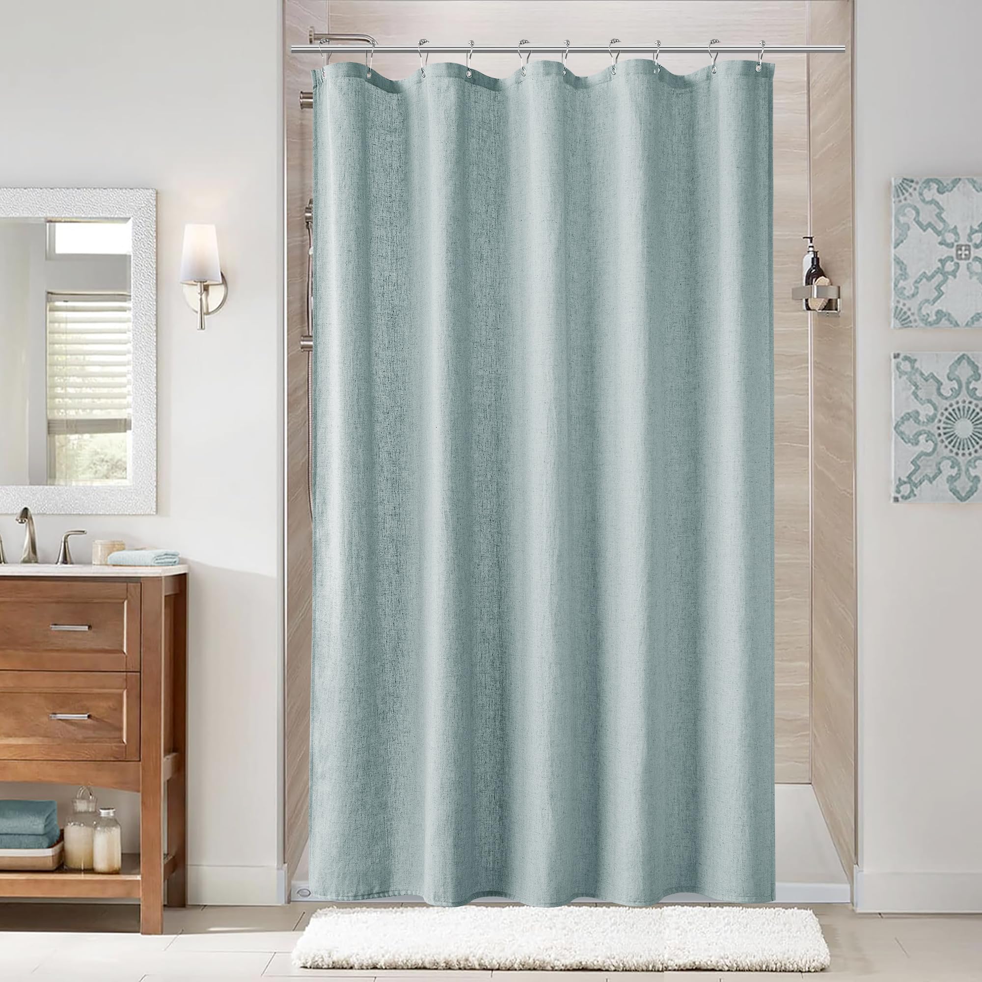 Naturoom Natural Linen Shower Curtain, Country Boho Farmhouse Bath Decor Beige Shower Curtains for Bathroom Neutral Cloth Weighted Textured Fabric Bath Curtain Liner with Hooks, Cream, 72 Inch