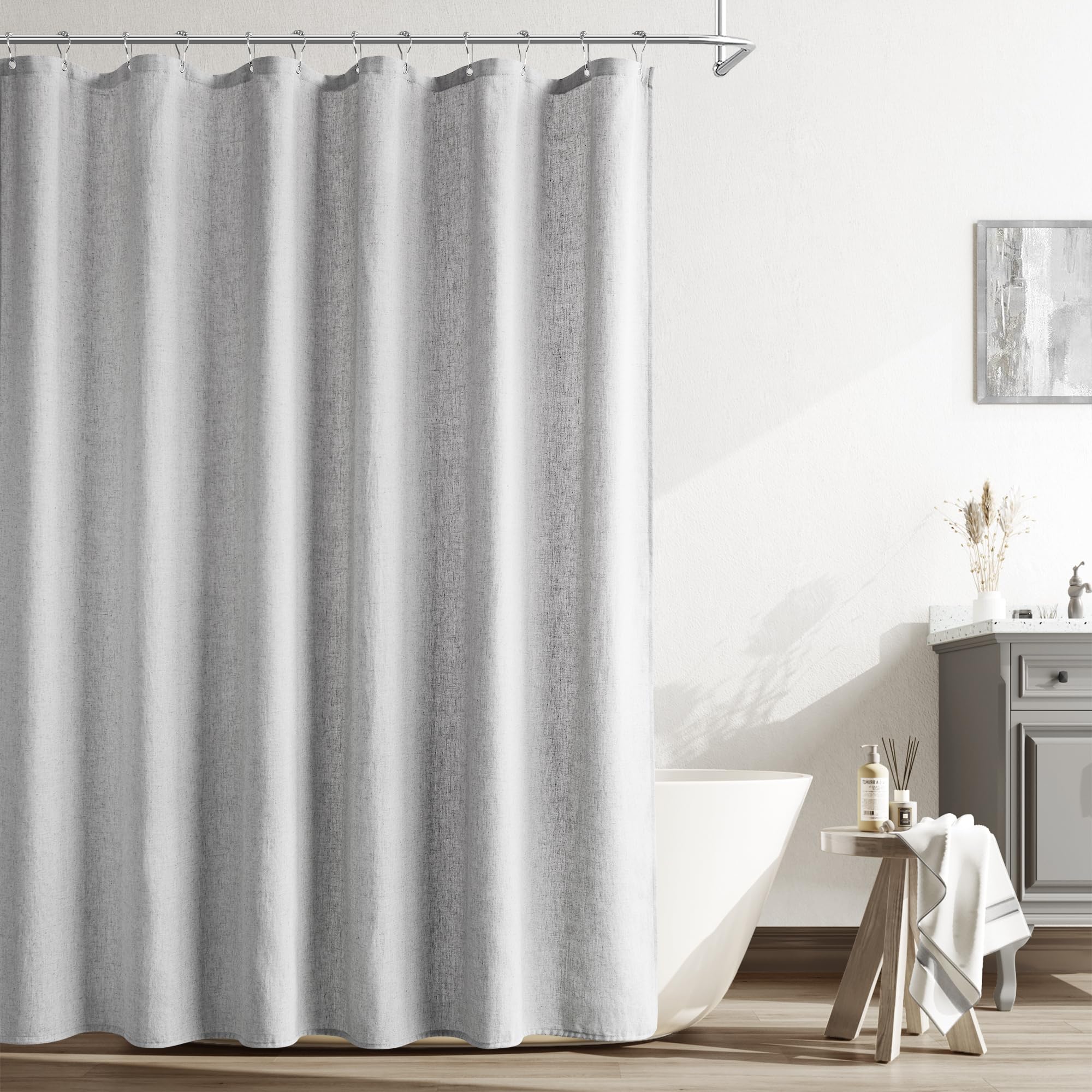 Naturoom Natural Linen Shower Curtain, Country Boho Farmhouse Bath Decor Beige Shower Curtains for Bathroom Neutral Cloth Weighted Textured Fabric Bath Curtain Liner with Hooks, Cream, 72 Inch