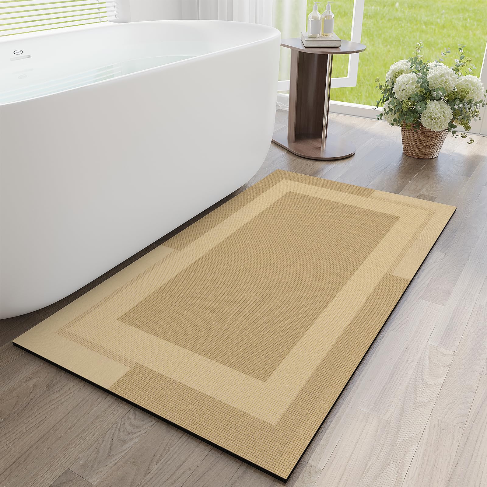 YDKGL Non Slip Bath Mat, Rubber Backing Ultra Thin Bathroom Rugs Fit Under Door Quick Dry Super Absorbent Washable Bath Rug Shower Mat for Bathroom Floor Bathtub Shower Sink, Easy Care Beige 16"x 24"
