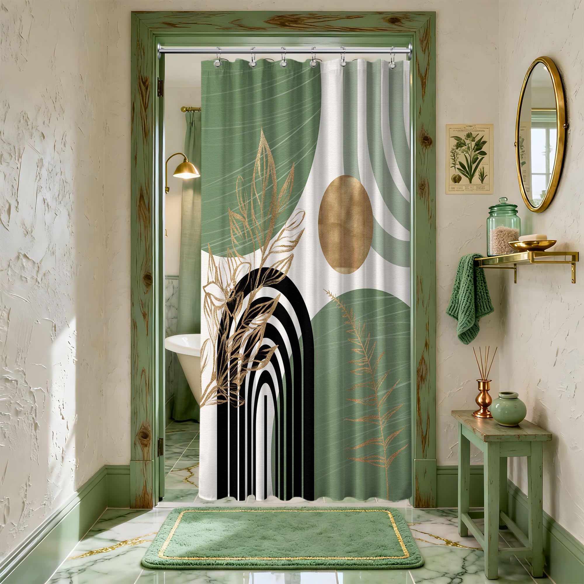 Mid Century Modern Black and Brown Shower Curtain Boho Beige and Dark Tan Gold Shower Curtains for Mens Bathroom Decor Sets, Waterproof Cloth Fabric with Hooks, 70x72in