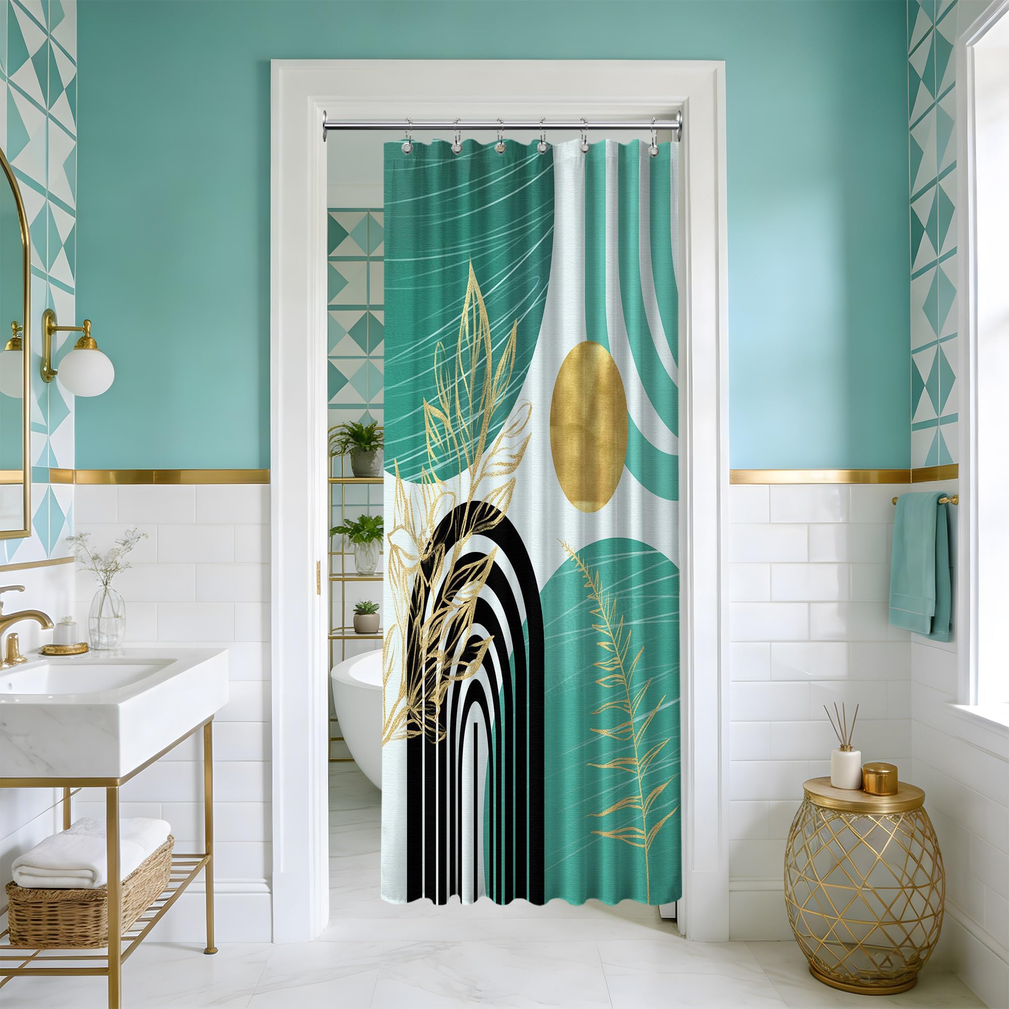 Mid Century Modern Black and Brown Shower Curtain Boho Beige and Dark Tan Gold Shower Curtains for Mens Bathroom Decor Sets, Waterproof Cloth Fabric with Hooks, 70x72in