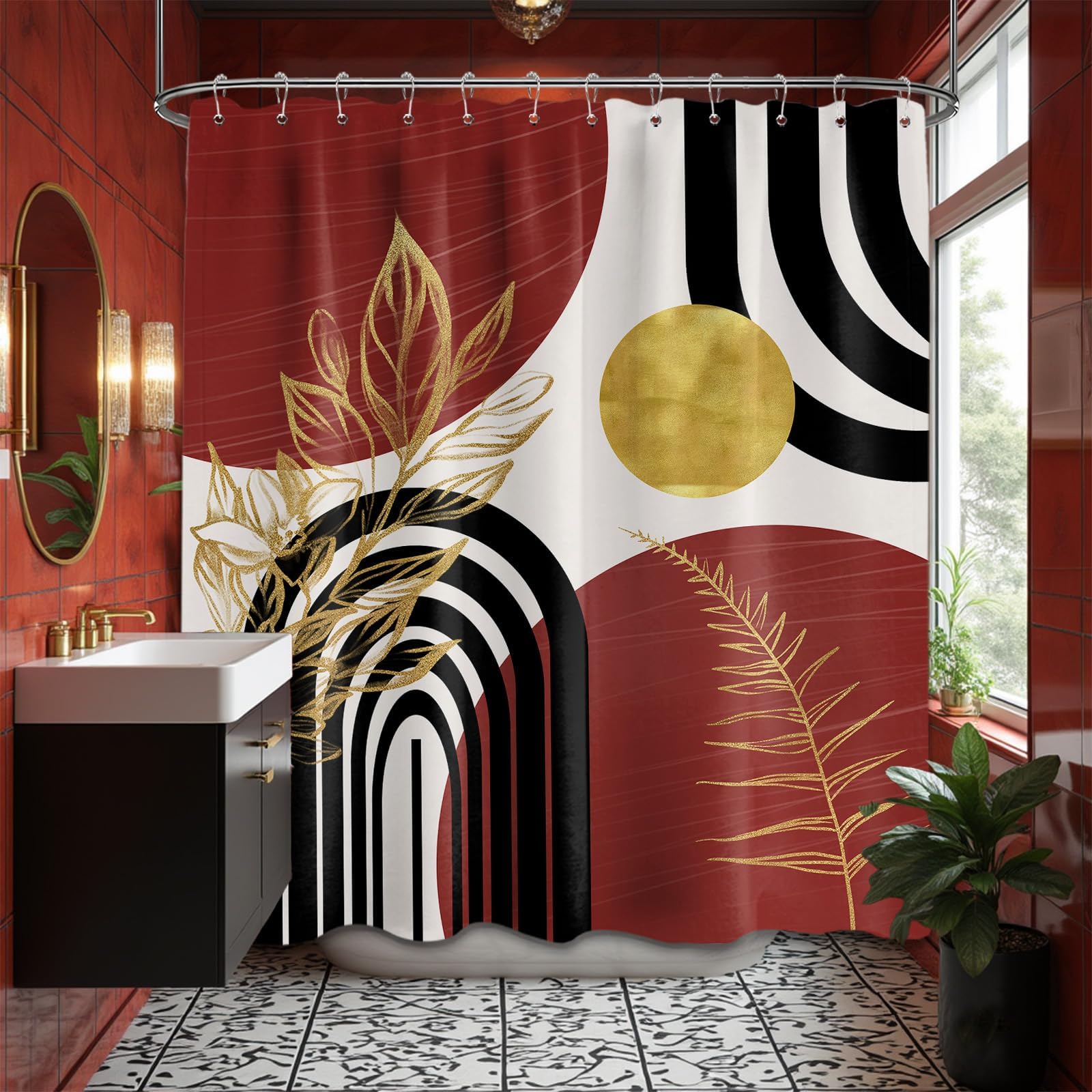 Mid Century Modern Black and Brown Shower Curtain Boho Beige and Dark Tan Gold Shower Curtains for Mens Bathroom Decor Sets, Waterproof Cloth Fabric with Hooks, 70x72in