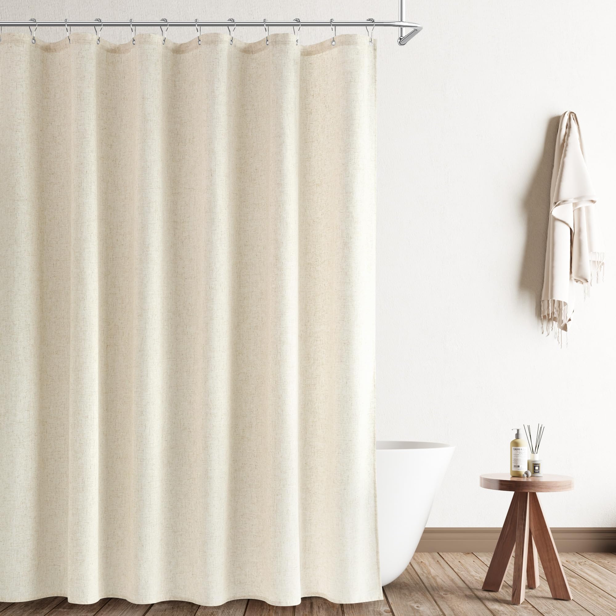 Naturoom Natural Linen Shower Curtain, Country Boho Farmhouse Bath Decor Beige Shower Curtains for Bathroom Neutral Cloth Weighted Textured Fabric Bath Curtain Liner with Hooks, Cream, 72 Inch