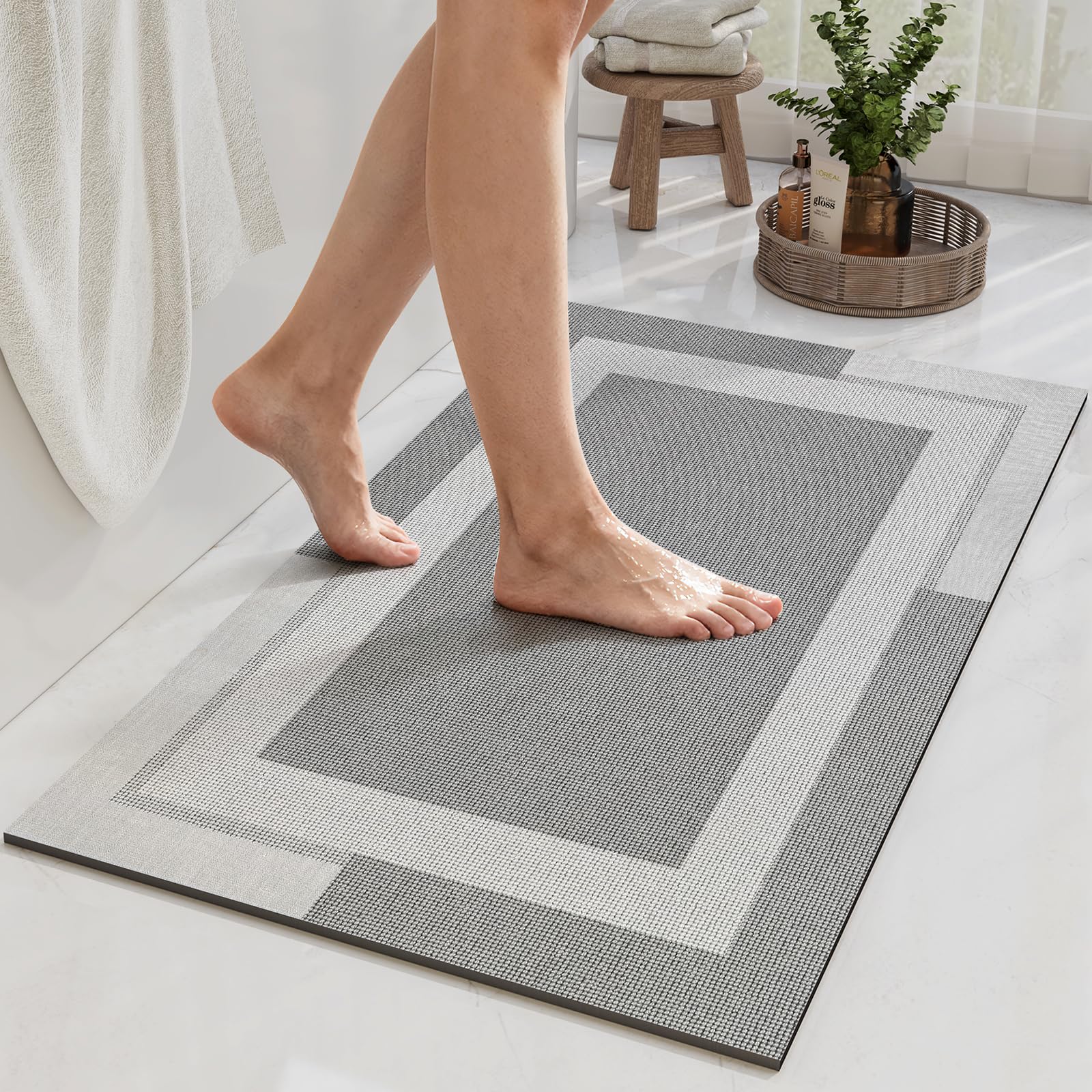 YDKGL Non Slip Bath Mat, Rubber Backing Ultra Thin Bathroom Rugs Fit Under Door Quick Dry Super Absorbent Washable Bath Rug Shower Mat for Bathroom Floor Bathtub Shower Sink, Easy Care Beige 16"x 24"