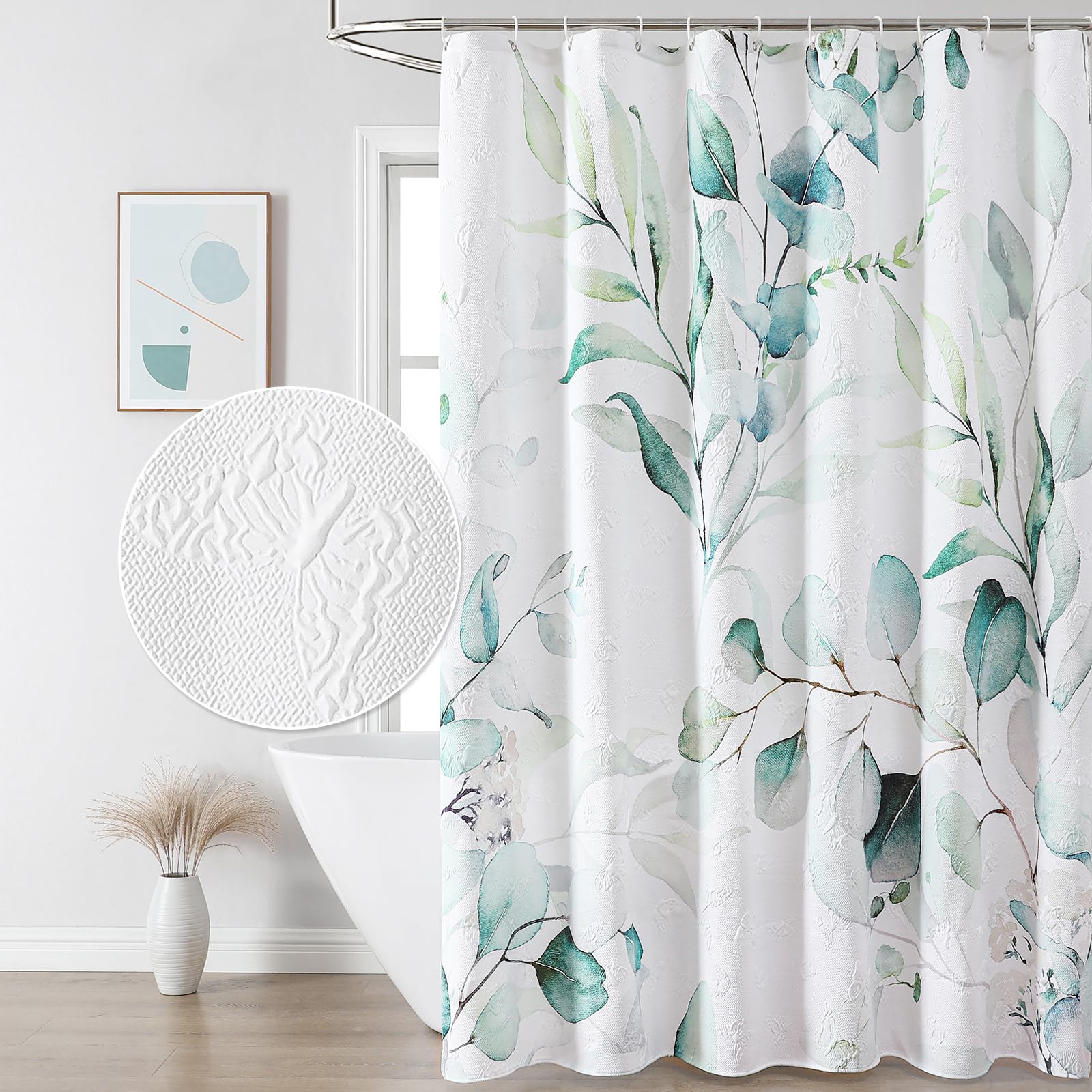 QiyI Watercolor Floral Shower Curtain, 3D Embossed Butterflies Grey Beige Flower Bathroom Curtains, Minimalist White Cloth Bath Curtain, Waterproof Fabric Textured Shower Curtain Set with Hooks, 72x72