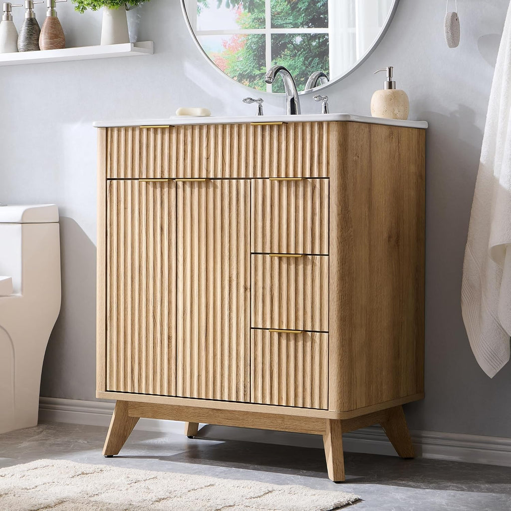 T4TREAM 30" Fluted Bathroom Vanity with Ceramic Sink Combo，Freestanding Modern Bathroom Storage Vanity Cabinet with 2 Soft Closing Doors & 3 Drawers，Wood Grain Texture，Metal Handle，Natural Oak | Fluted, Freestanding, Modern, Bathroom Storage, Vanity Cabin