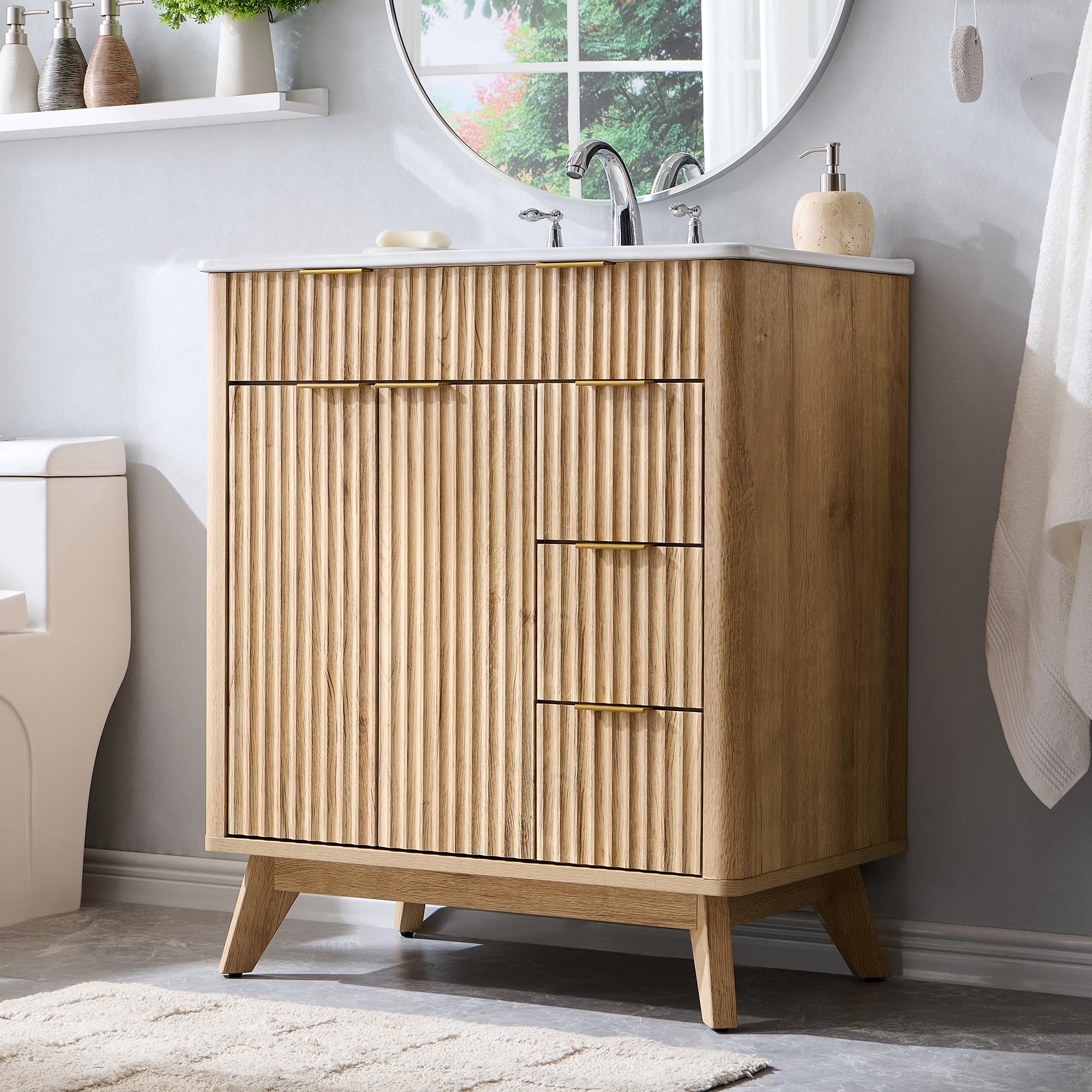 T4TREAM 30" Fluted Bathroom Vanity with Ceramic Sink Combo，Freestanding Modern Bathroom Storage Vanity Cabinet with 2 Soft Closing Doors & 3 Drawers，Wood Grain Texture，Metal Handle，Natural Oak | Fluted, Freestanding, Modern, Bathroom Storage, Vanity Cabin