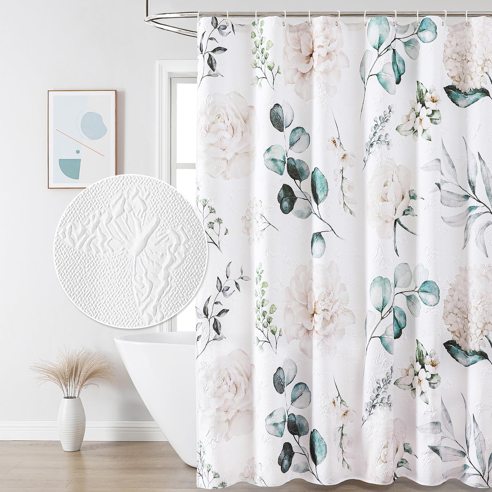 QiyI Watercolor Floral Shower Curtain, 3D Embossed Butterflies Grey Beige Flower Bathroom Curtains, Minimalist White Cloth Bath Curtain, Waterproof Fabric Textured Shower Curtain Set with Hooks, 72x72