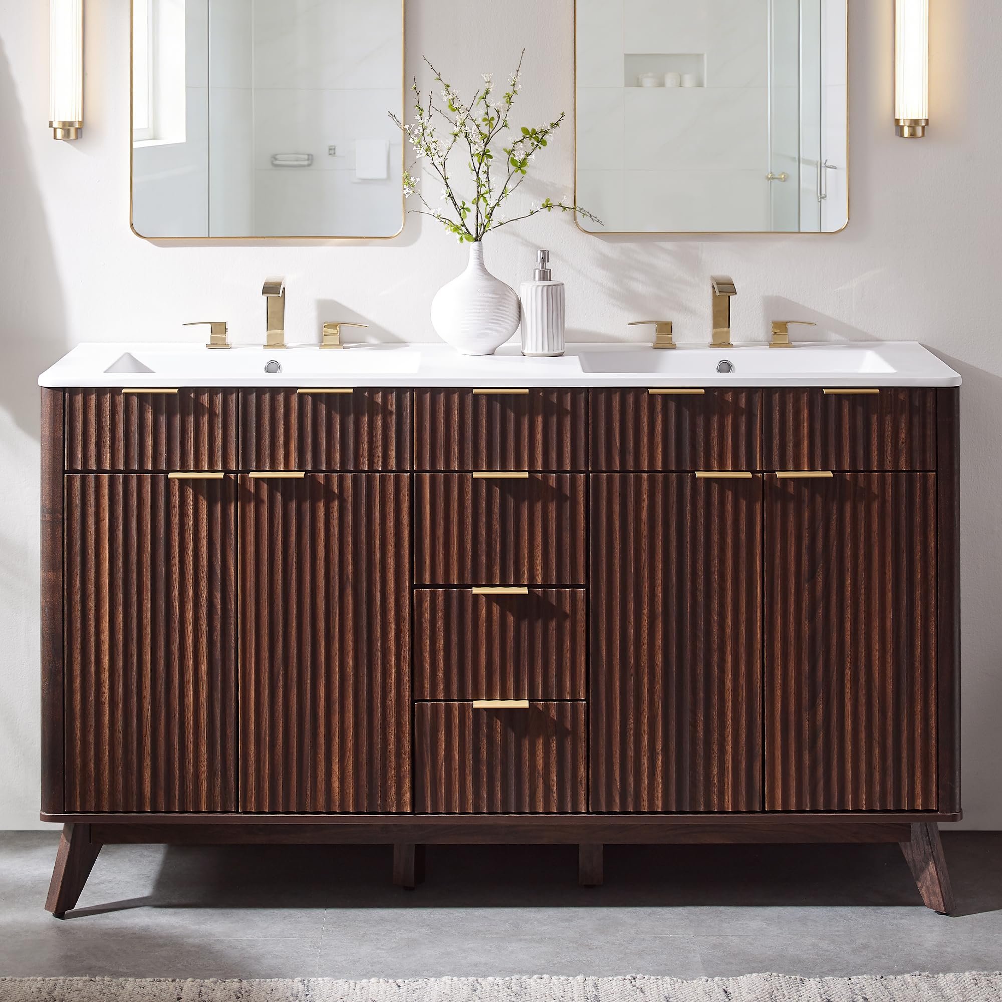 T4TREAM 30" Fluted Bathroom Vanity with Ceramic Sink Combo，Freestanding Modern Bathroom Storage Vanity Cabinet with 2 Soft Closing Doors & 3 Drawers，Wood Grain Texture，Metal Handle，Natural Oak | Fluted, Freestanding, Modern, Bathroom Storage, Vanity Cabin