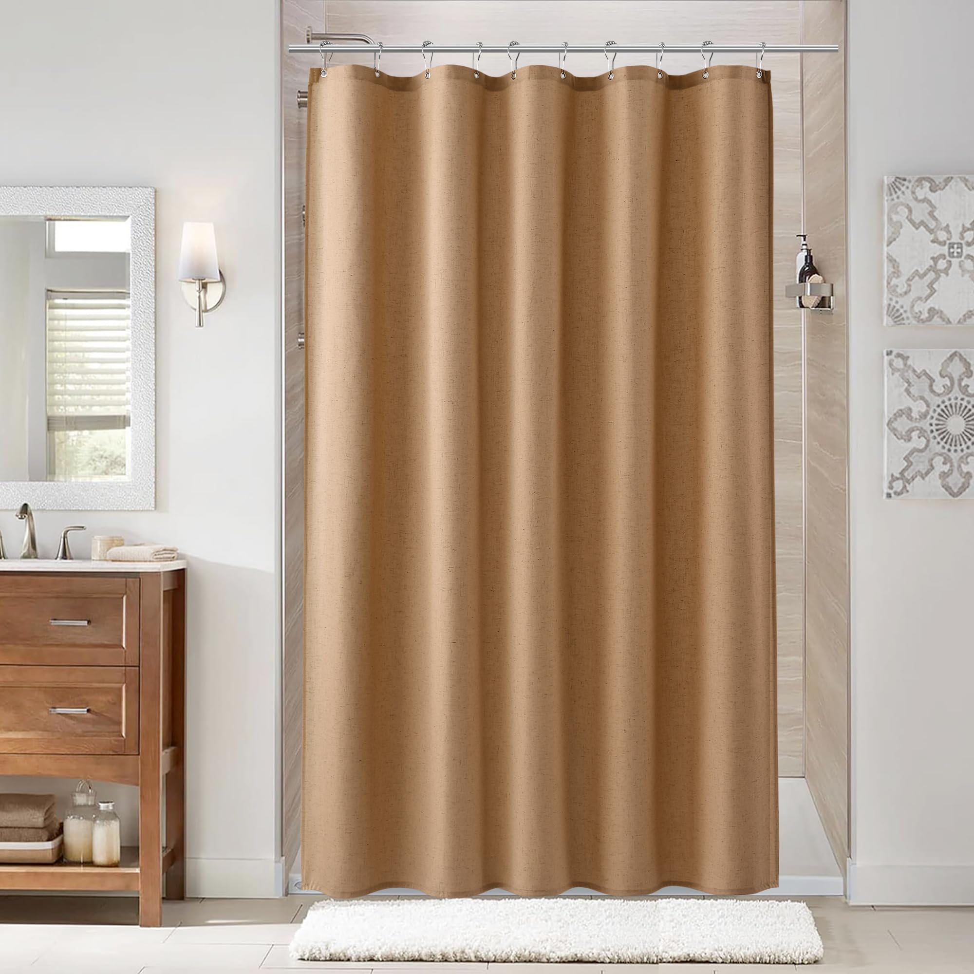 Naturoom Natural Linen Shower Curtain, Country Boho Farmhouse Bath Decor Beige Shower Curtains for Bathroom Neutral Cloth Weighted Textured Fabric Bath Curtain Liner with Hooks, Cream, 72 Inch