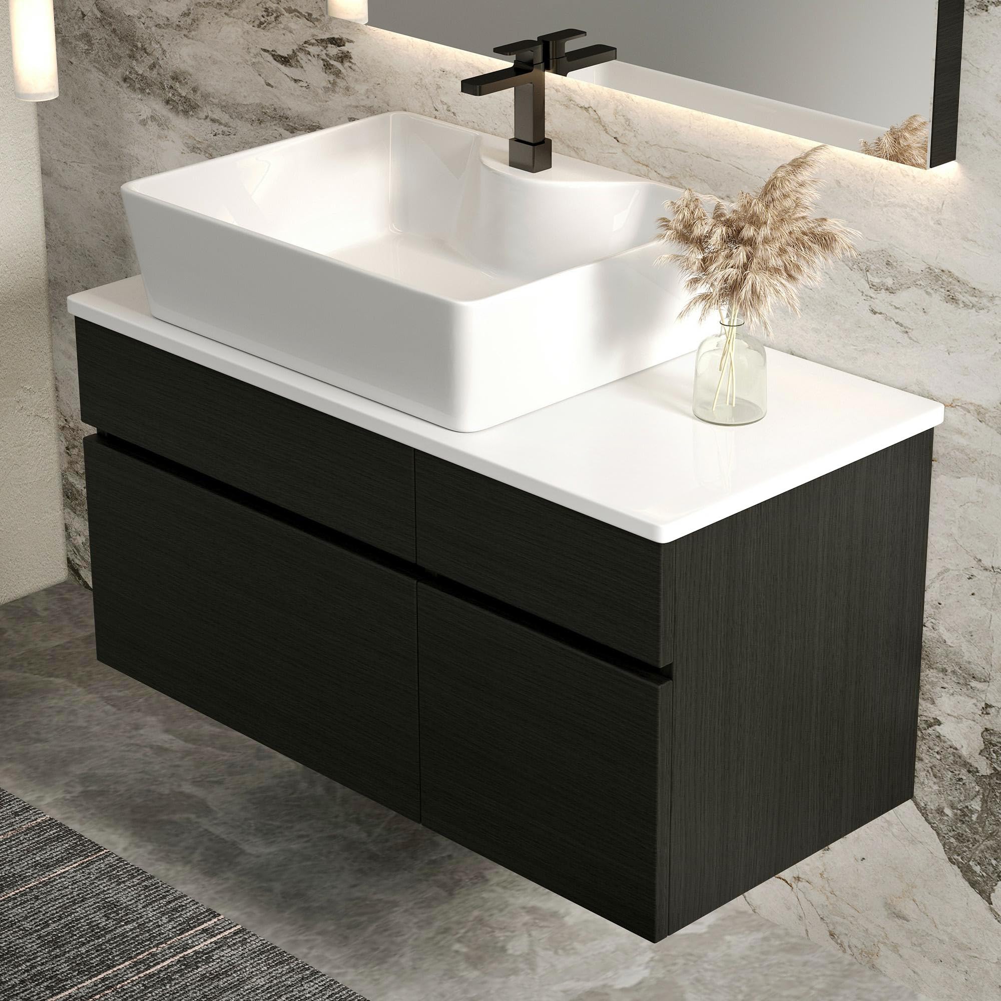 Glintee 36" Modern Bathroom Vanity with Ceramic Sink – Sintered Stone Top, 4 Soft-Close Drawers, Sturdy Solid Wood Cabinet, Wall-Mounted or Freestanding, Easy Assembly, Black & White