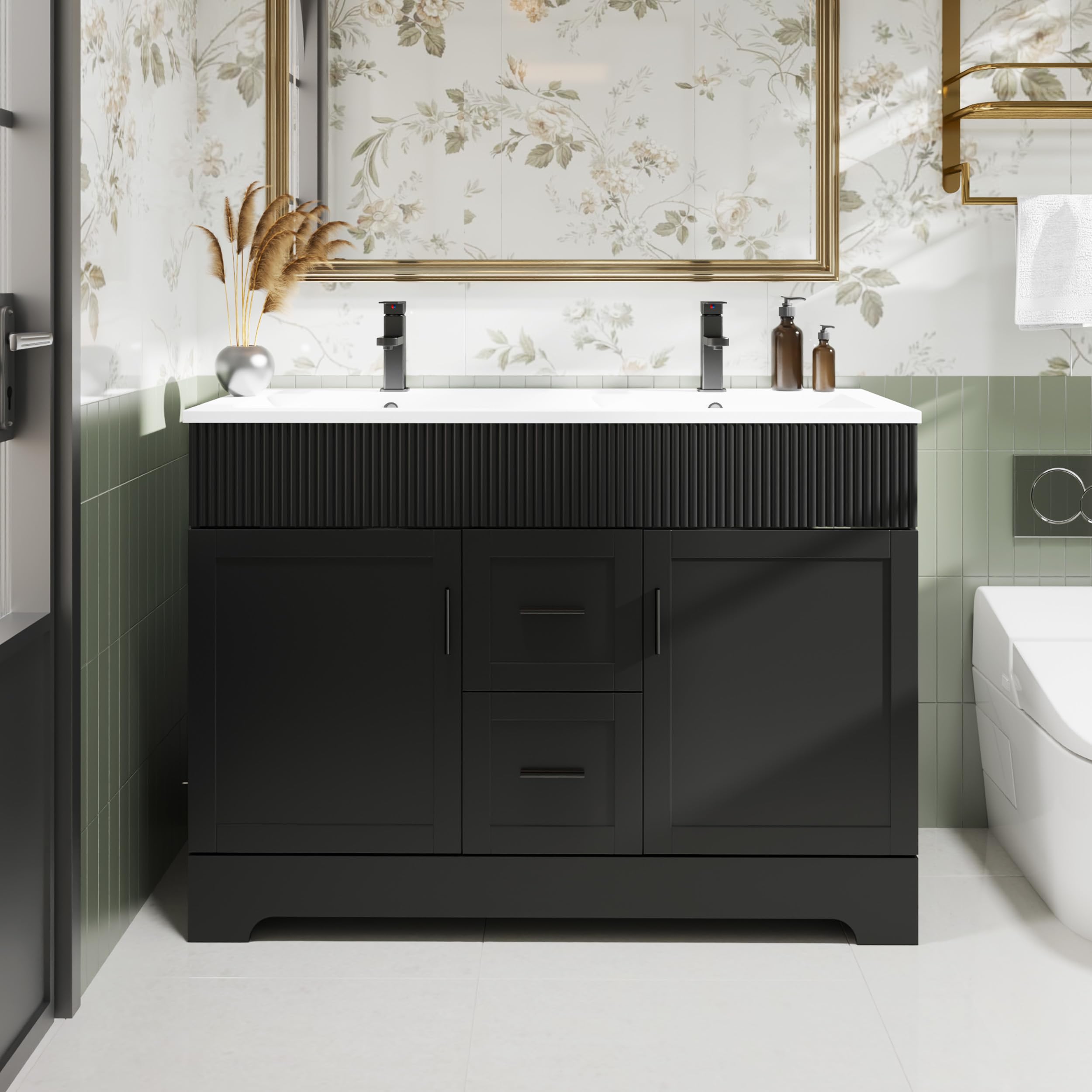 eclife 36" Bathroom Vanities Sink Combo with Painted Surface, Modern Drawered Cabinet W/Decorative Wave Lines, Undermount Single Sink, Matte Black Faucet Drain, Gray Green