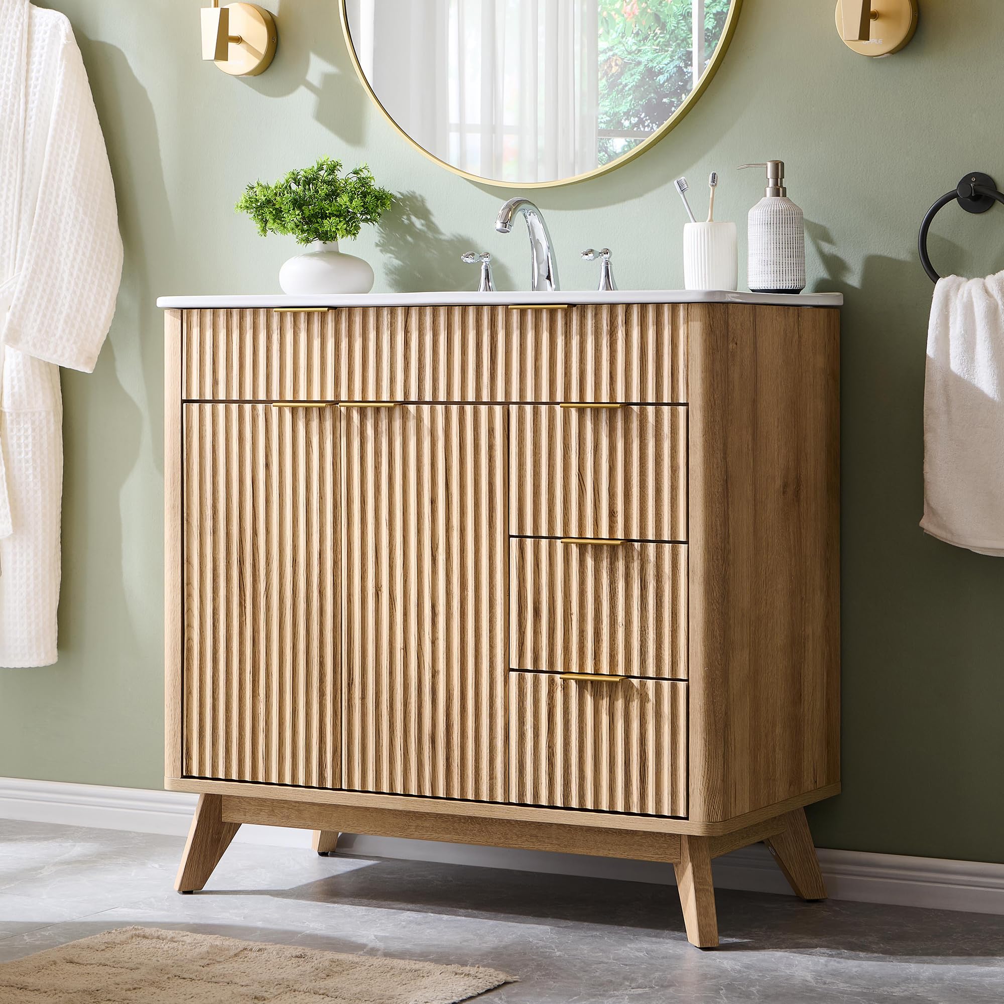 T4TREAM 30" Fluted Bathroom Vanity with Ceramic Sink Combo，Freestanding Modern Bathroom Storage Vanity Cabinet with 2 Soft Closing Doors & 3 Drawers，Wood Grain Texture，Metal Handle，Natural Oak | Fluted, Freestanding, Modern, Bathroom Storage, Vanity Cabin