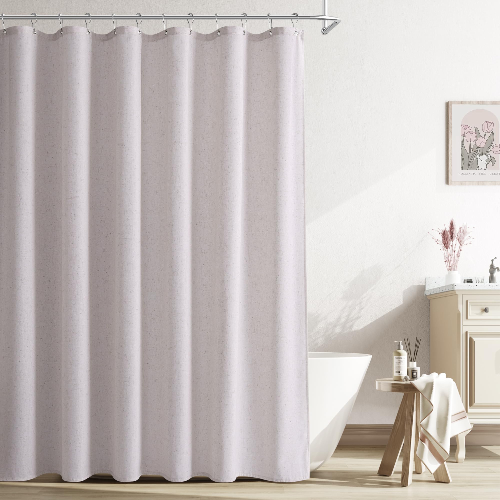 Naturoom Natural Linen Shower Curtain, Country Boho Farmhouse Bath Decor Beige Shower Curtains for Bathroom Neutral Cloth Weighted Textured Fabric Bath Curtain Liner with Hooks, Cream, 72 Inch