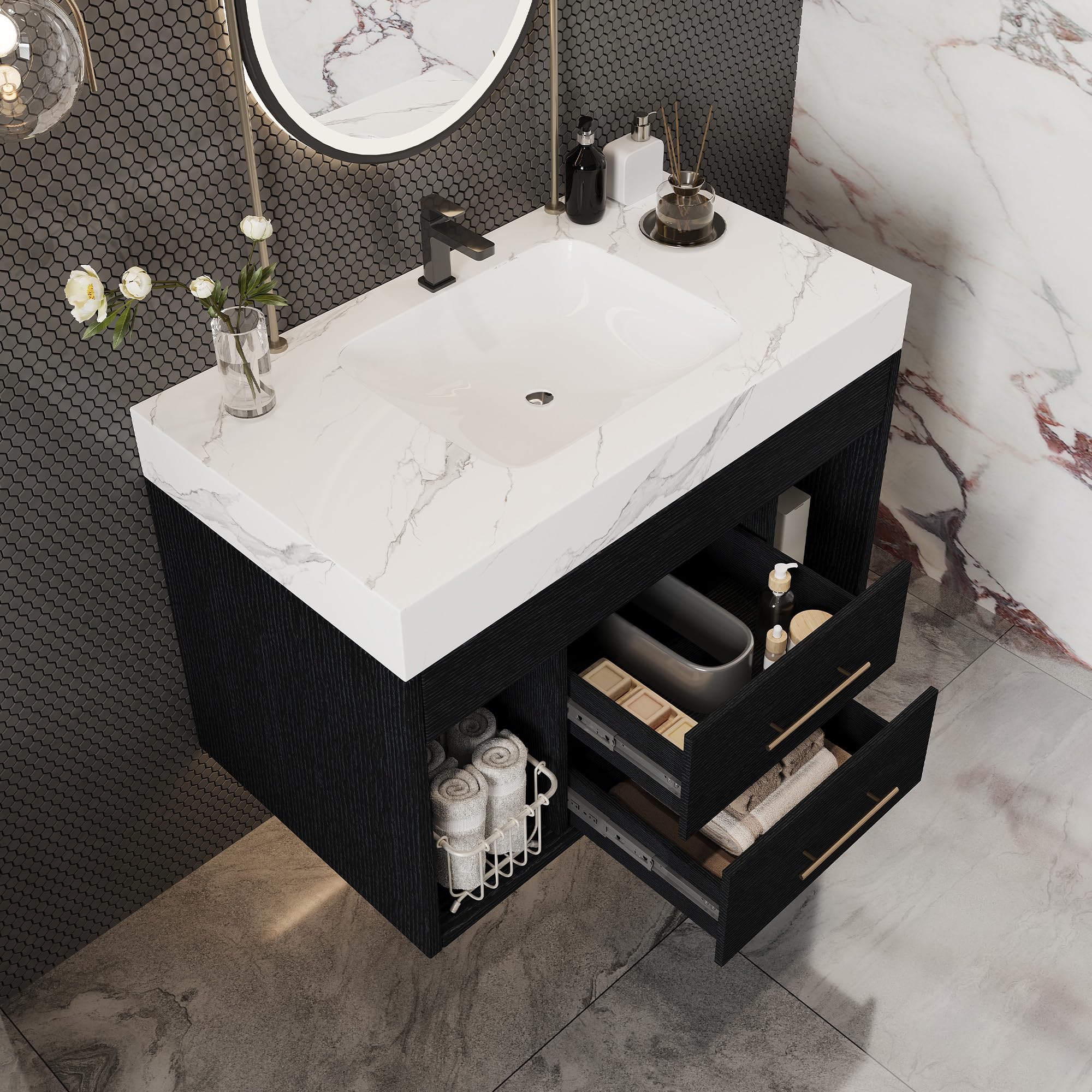 Glintee 36" Modern Bathroom Vanity with Ceramic Sink – Sintered Stone Top, 4 Soft-Close Drawers, Sturdy Solid Wood Cabinet, Wall-Mounted or Freestanding, Easy Assembly, Black & White