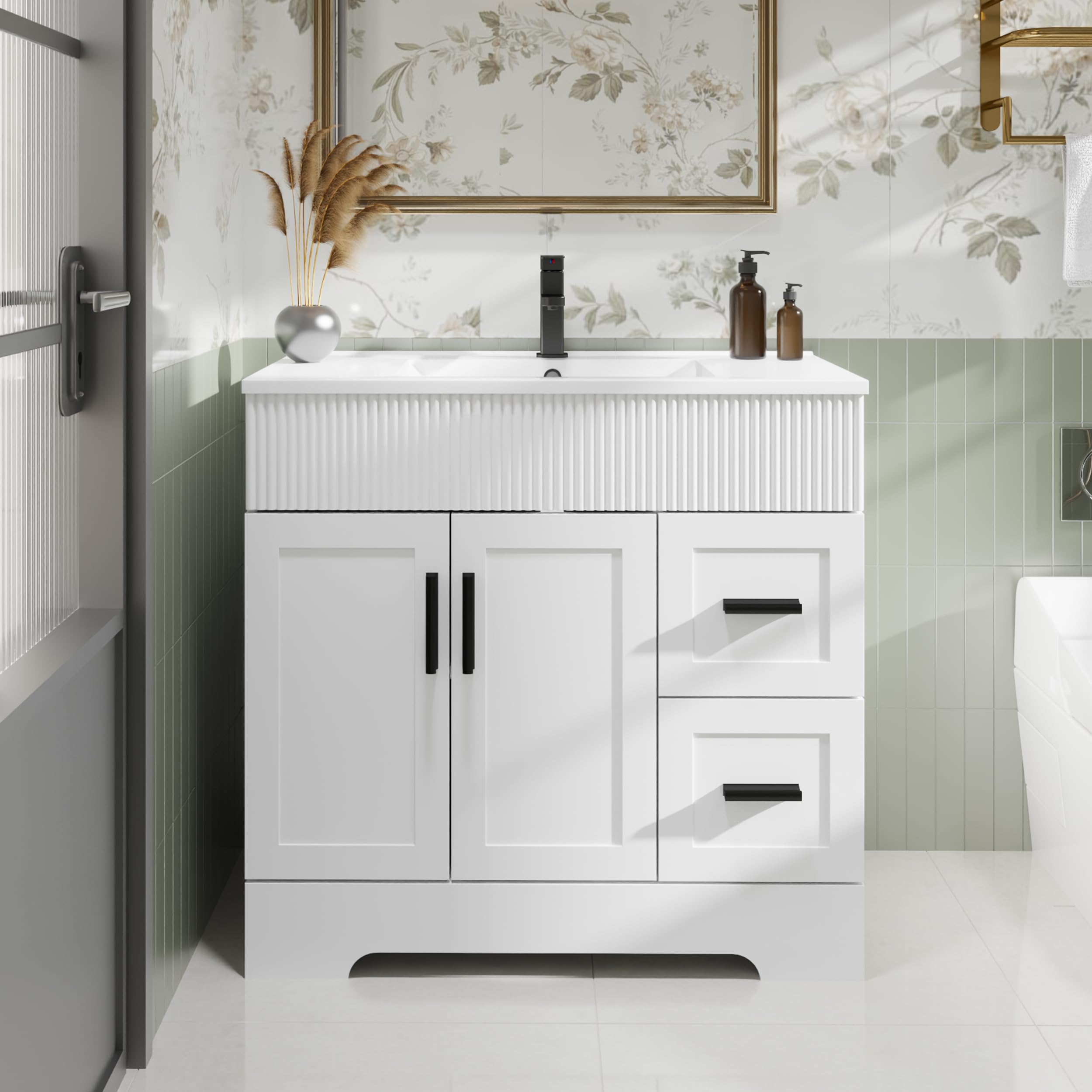 eclife 36" Bathroom Vanities Sink Combo with Painted Surface, Modern Drawered Cabinet W/Decorative Wave Lines, Undermount Single Sink, Matte Black Faucet Drain, Gray Green